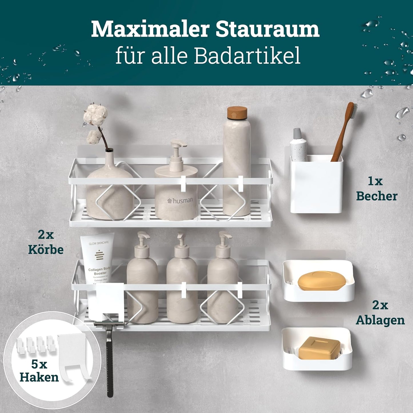 10-teiliges Duschablage-Set ohne Bohren, Set | Weiss