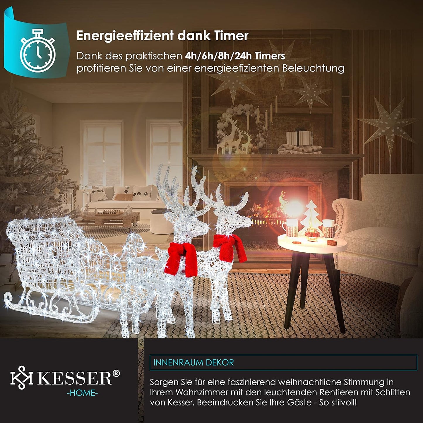 LED Rentiere mit Schlitten inkl. Dekoschal und Timer, Weiss, White LED