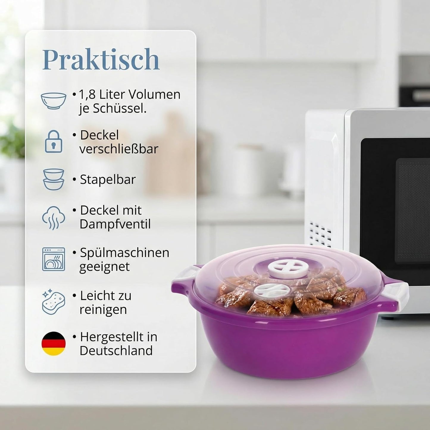2-teiliges Mikrowellenschüssel-Set mit Dampfventil, Lila