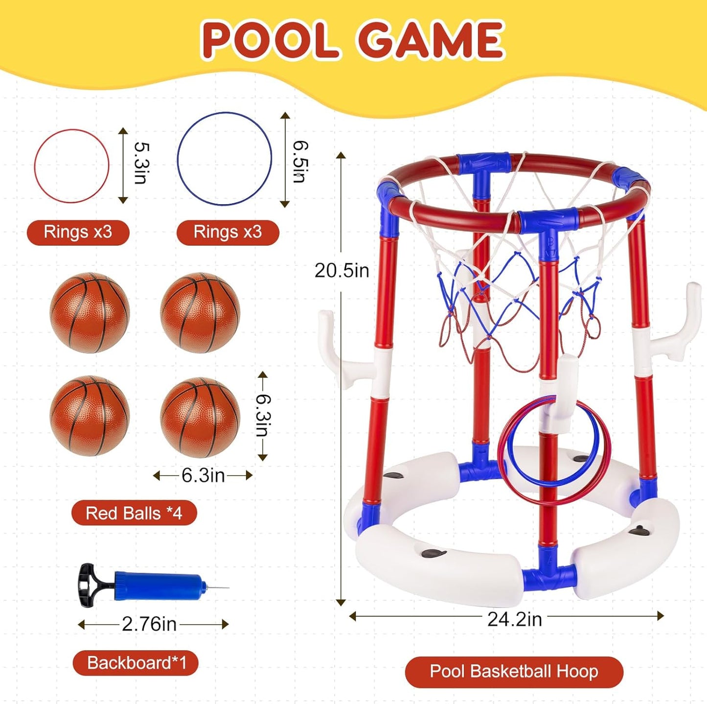 Pool-Basketballkorb mit 4 Bällen, 6 Ringen und Pumpe