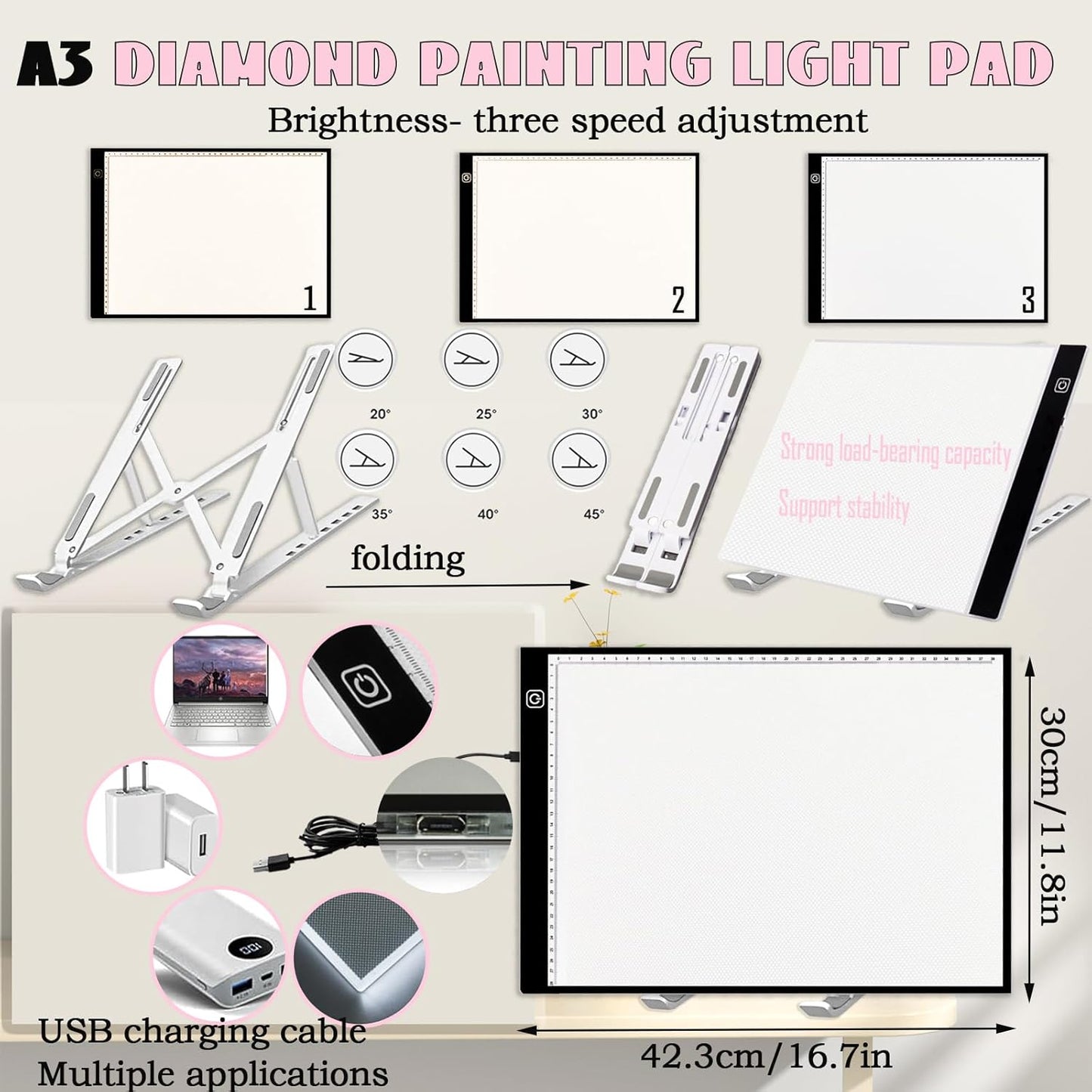 Diamond Painting Werkzeug-Set mit Lichtplatte, Rosa A3
