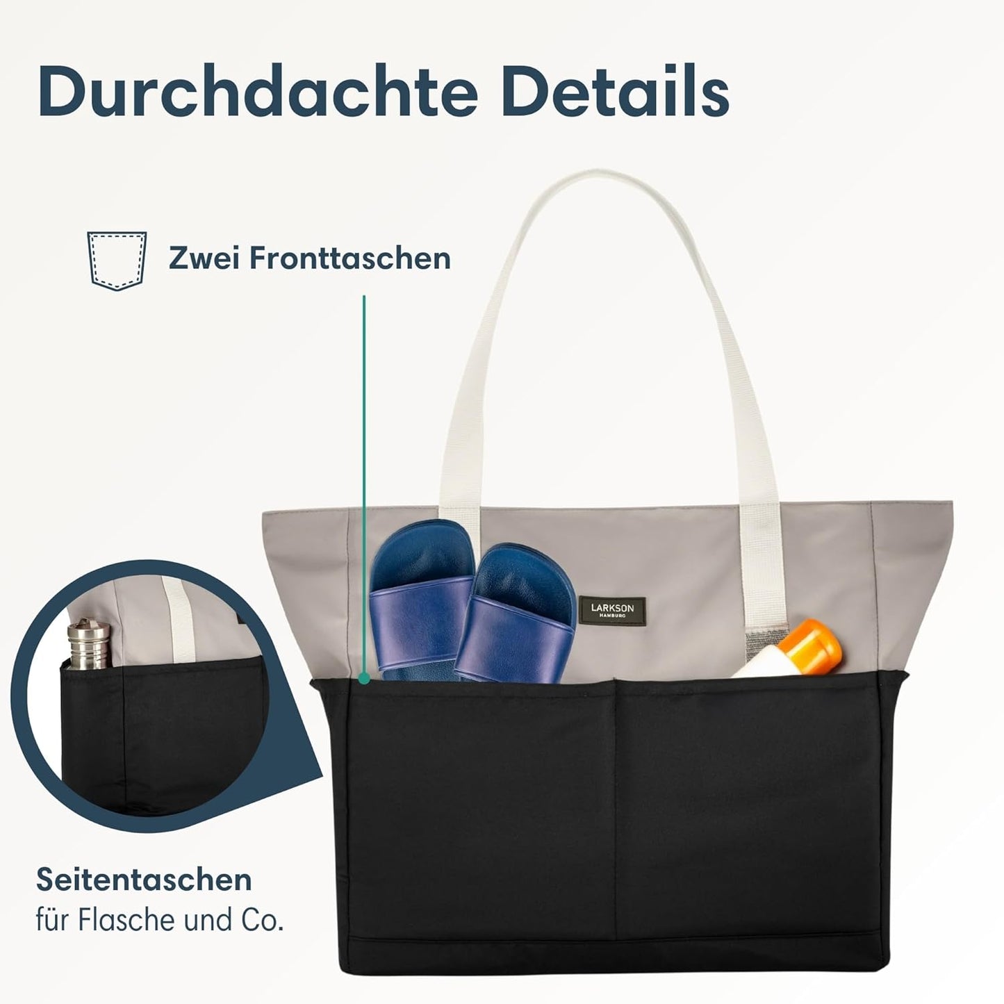 Strandtasche XXL mit Reissverschluss - Linn-Modell, Schwarz - Sand