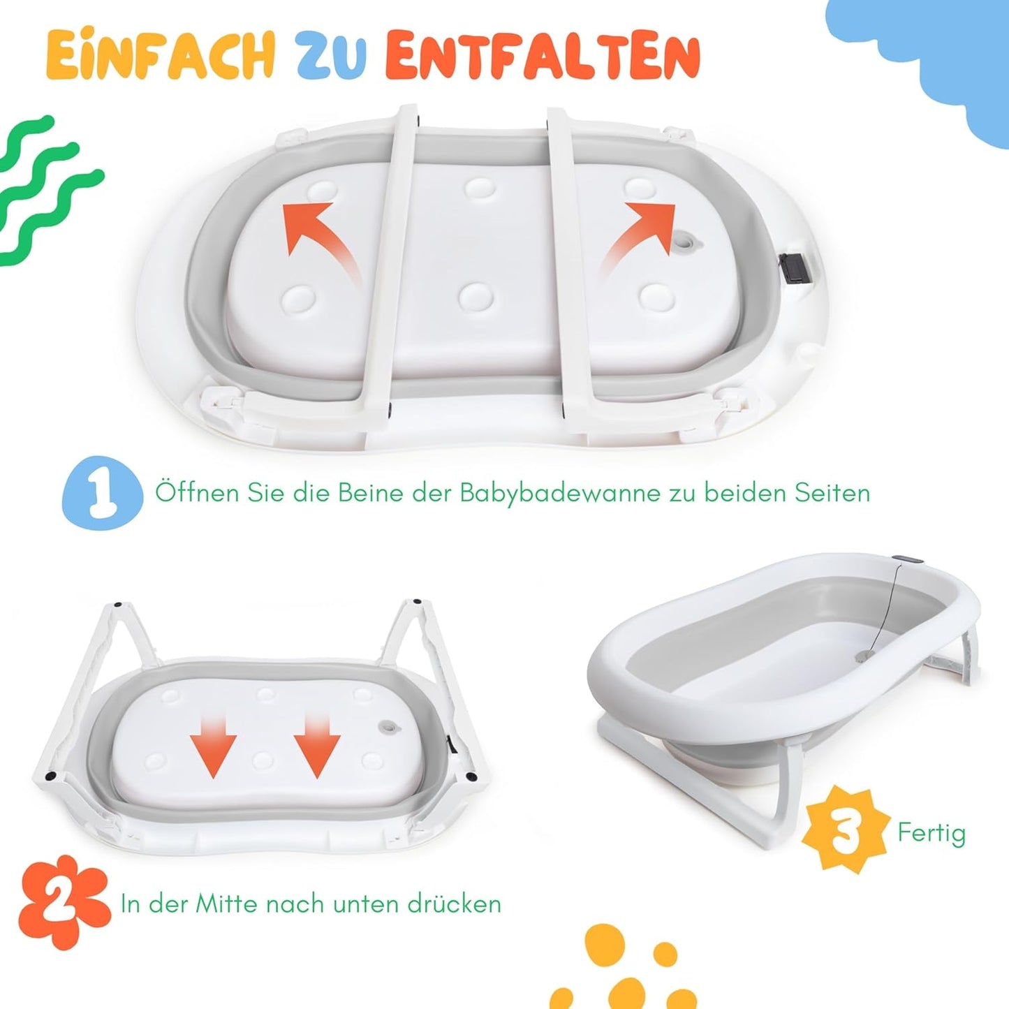 Faltbare Babybadewanne mit Gestell und Thermometer, Grau 84,5cm Höhe - mit Ständer