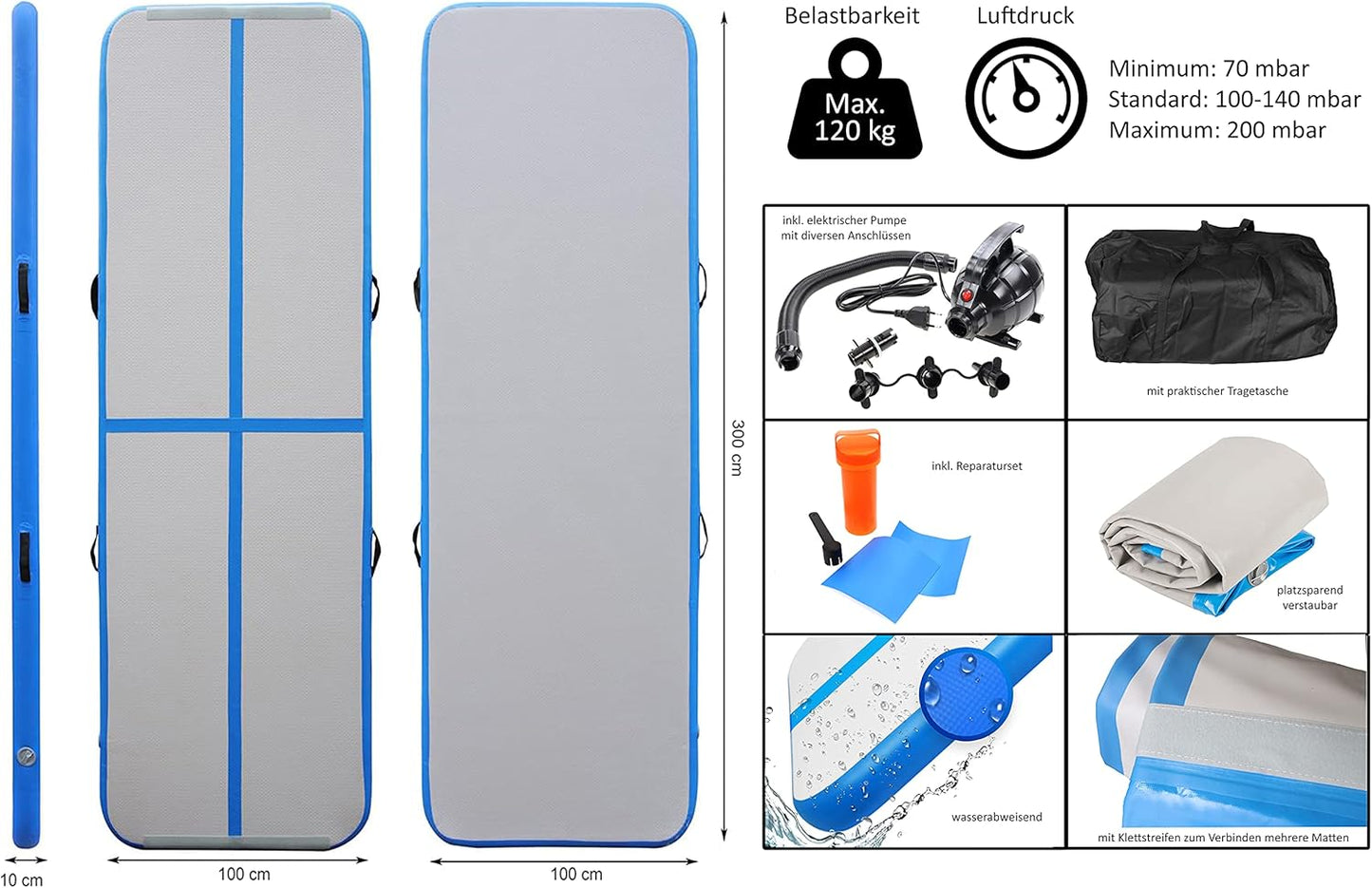 Aufblasbare Gymnastikmatte mit Pumpe und Zubehör, 3m x 1m x 10cm Blau