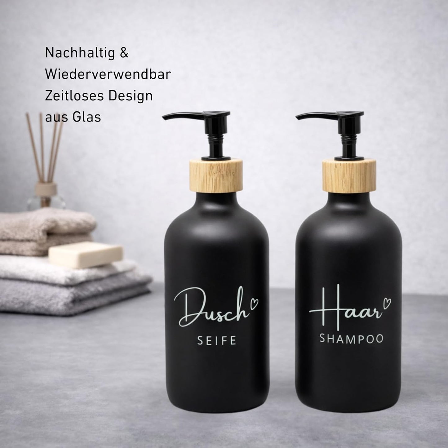 2er-Set Seifenspender für Duschseife & Haarshampoo, Schwarz Duschseife & Haarshampoo – Bambus Pump