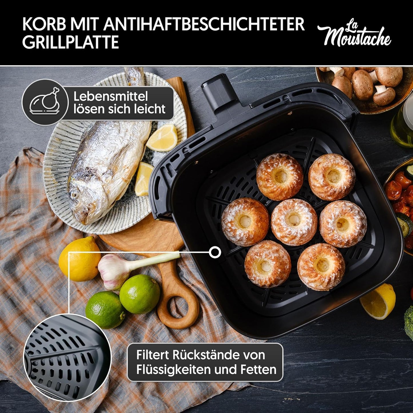 Heissluftfritteuse XL mit 6 Kochfunktionen (6,5L), 6,5L Grau - Essential Plus