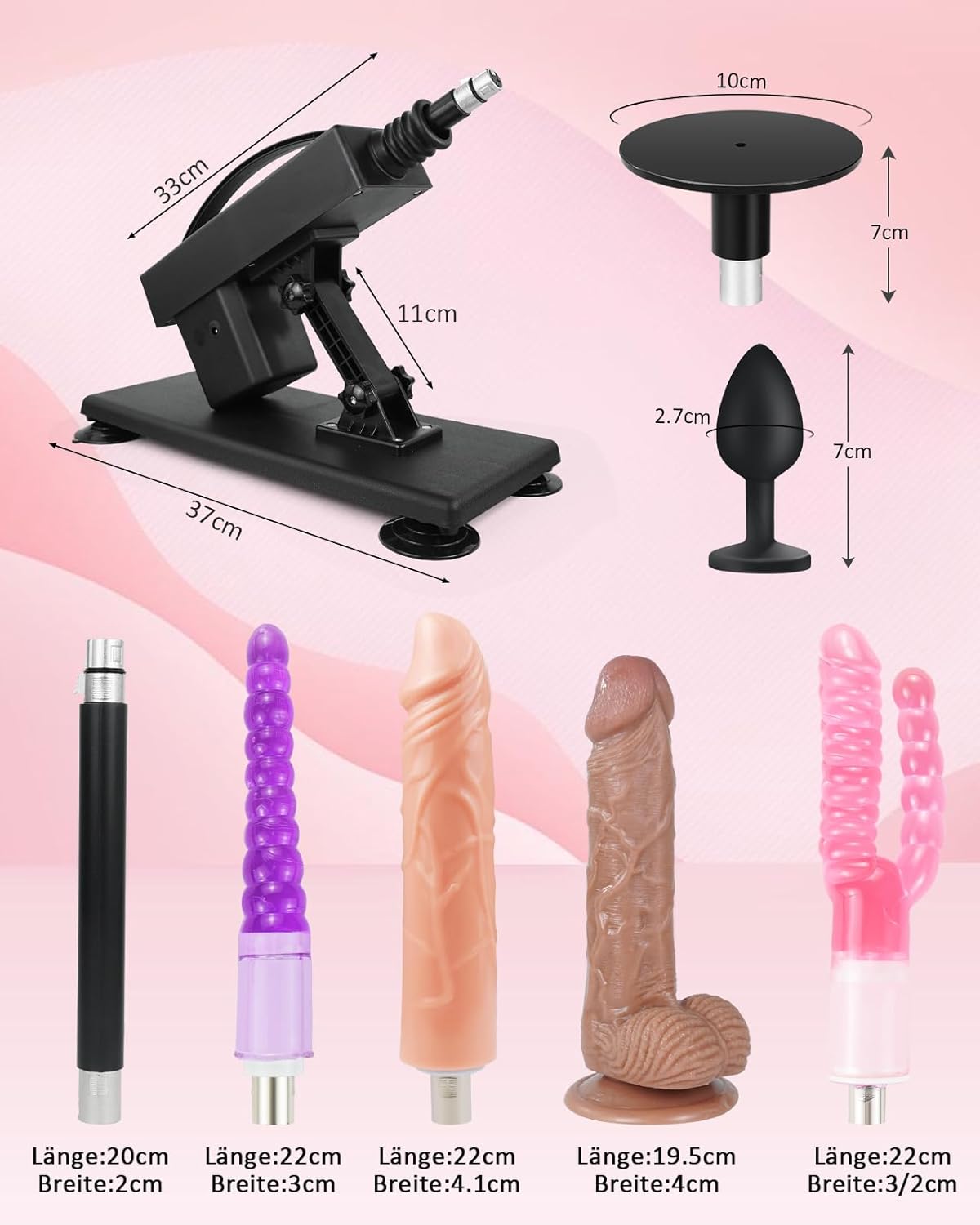 Fickmaschine mit verschiednen Dildo Aufsätzen, Deep Black