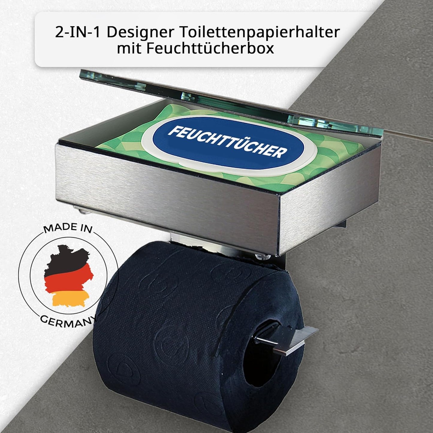 Toilettenpapierhalter mit Feuchttücherbox, Gehäuse Matt Glas Schwarz Befüllbar Von Rechts