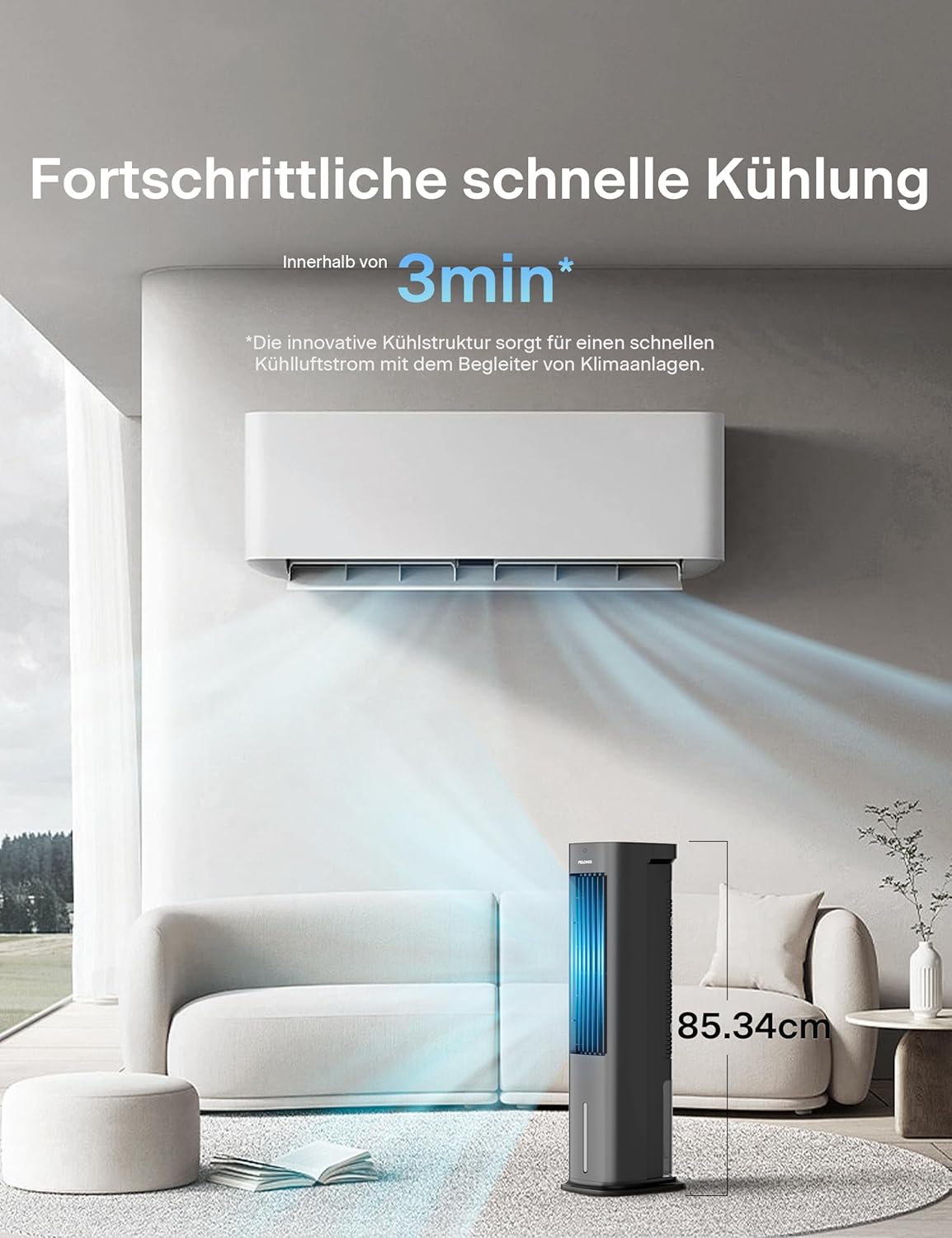 3-in-1 Verdunstungskühler mit Fernbedienung & Timer, 85CM Turmventilator Black