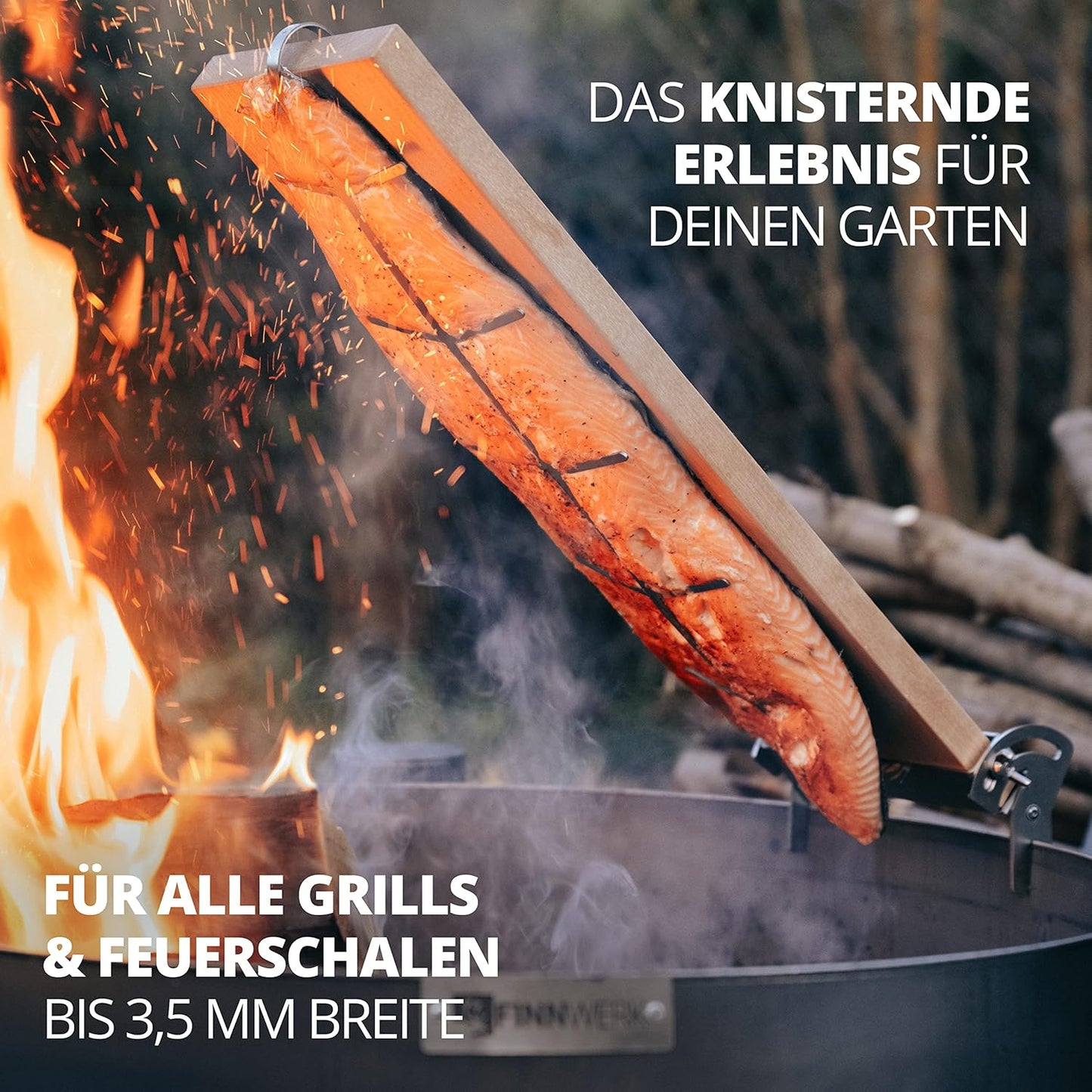Flammlachsbrett mit Edelstahlhalterung-System und Baumwolltasche, 1er Set Flammlachsbrett