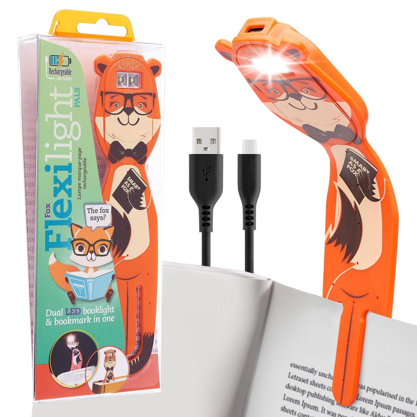Flexilight 2-in-1 Clip On Leselampe & Lesezeichen, wiederaufladbar, Fuchs