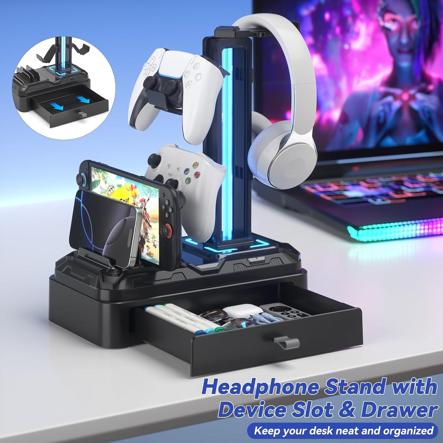 Gaming Kopfhörer-Ständer mit USB & Controller-Halterung