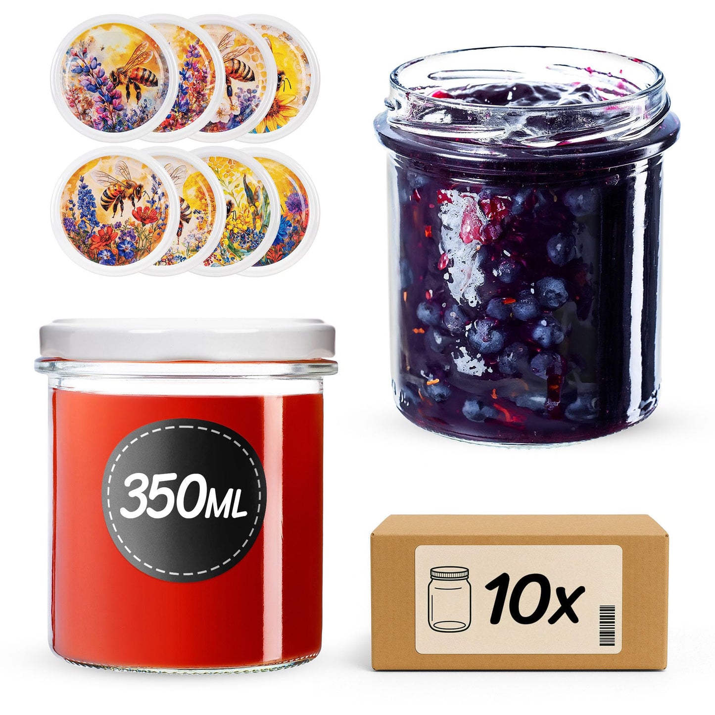 Einmachgläser-Set mit Schraubdeckel (10 Stück, 350ml), Bunte Biene 10 Stück