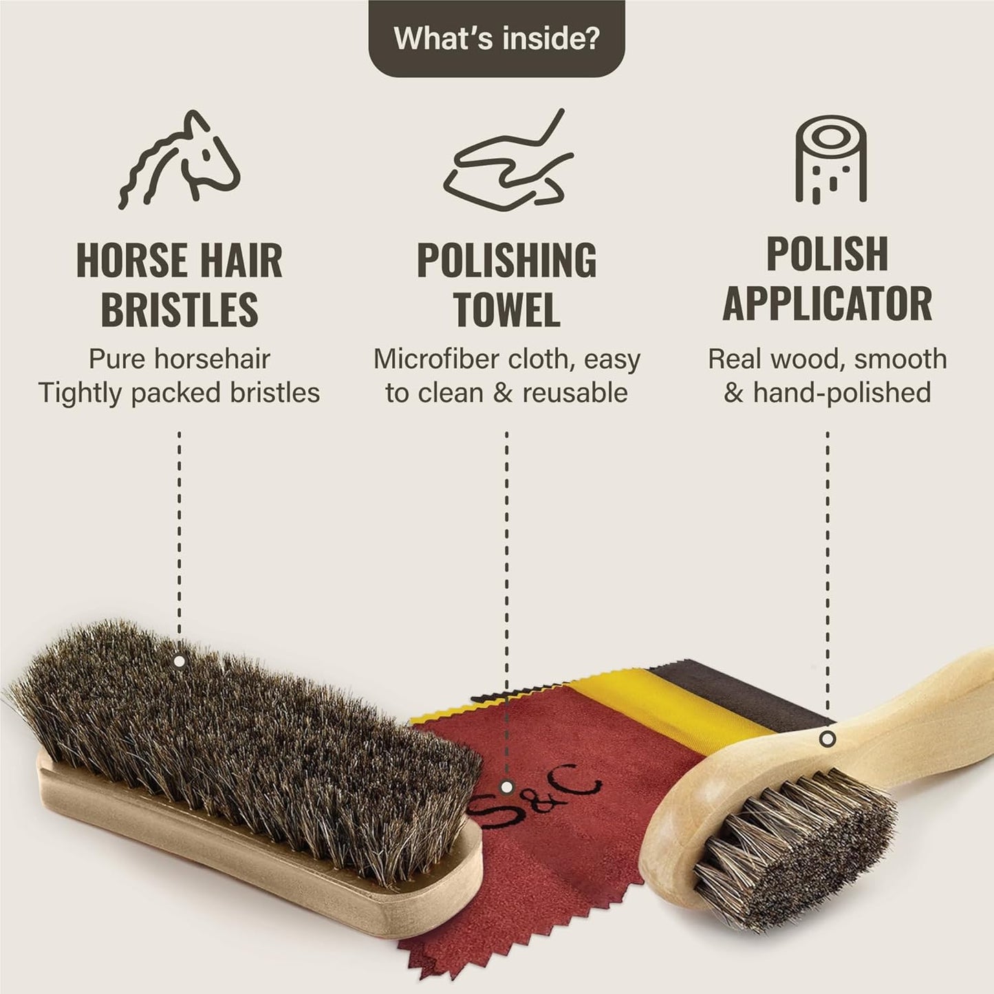 Schuhpflege-Set mit Rosshaarbürsten, Dunkelbraun-kit