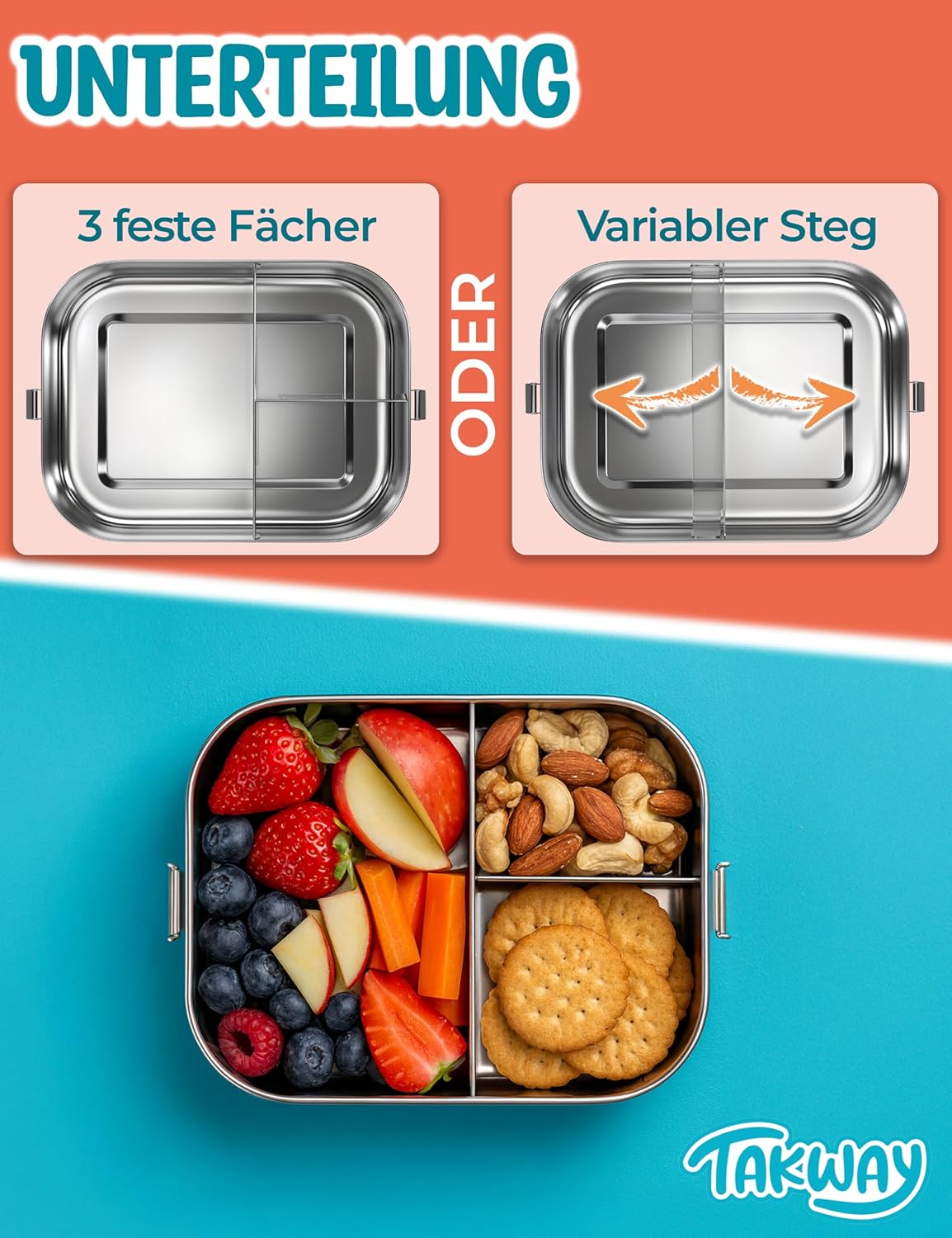 Edelstahl-Brotdose Fussball, Fussball 3-Fächer