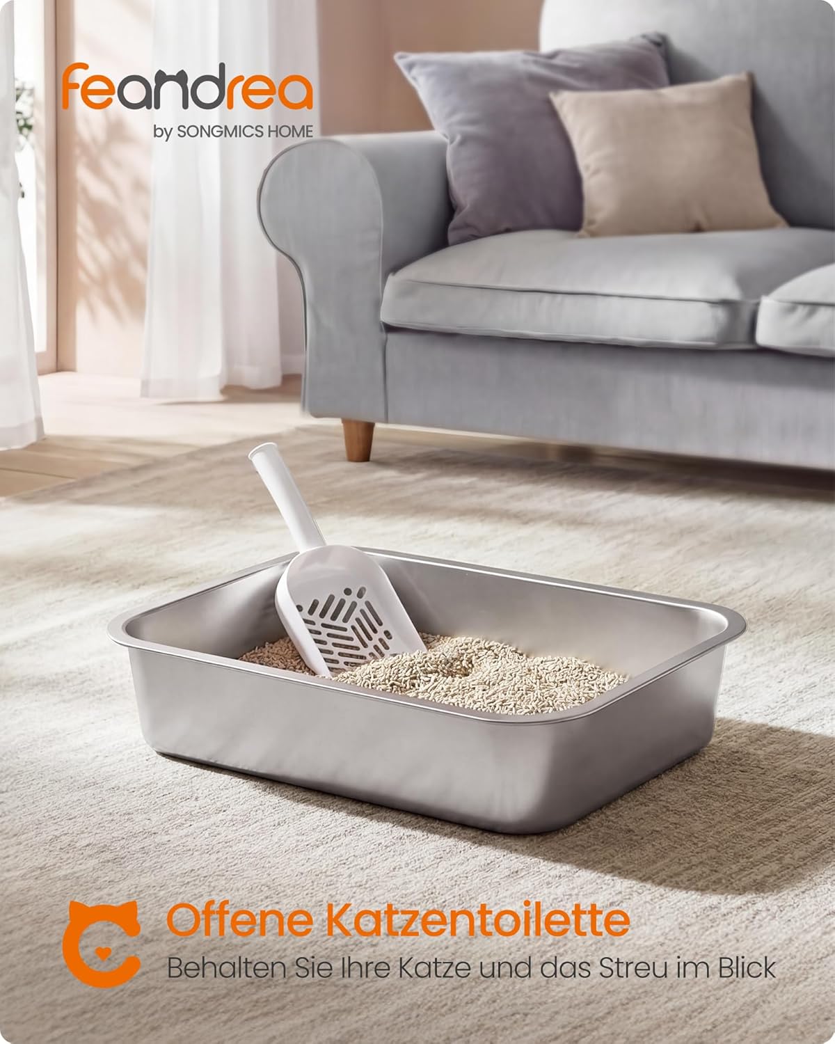 Katzenklo Edelstahl offen mit Schaufel (S), 40 x 30 x 10 cm