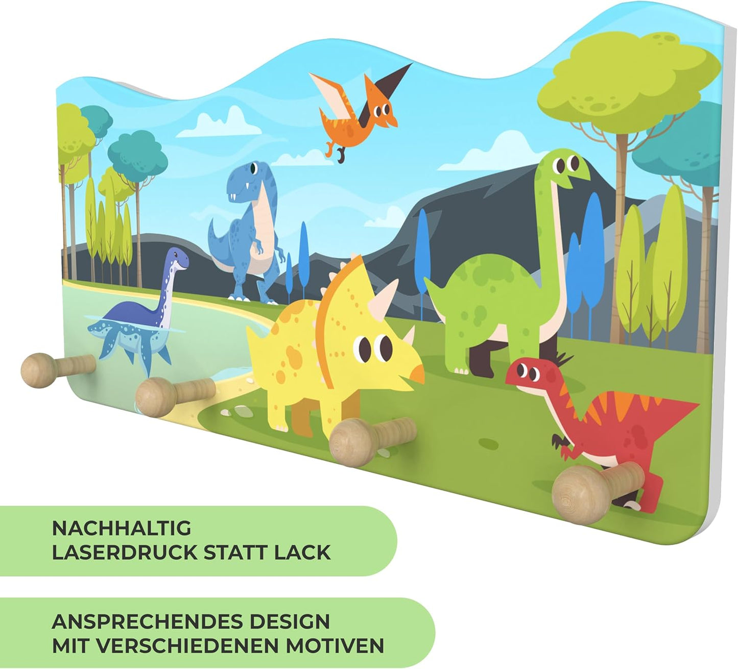 Dino-Motiv Kindergarderobe mit 4 Haken, Dino