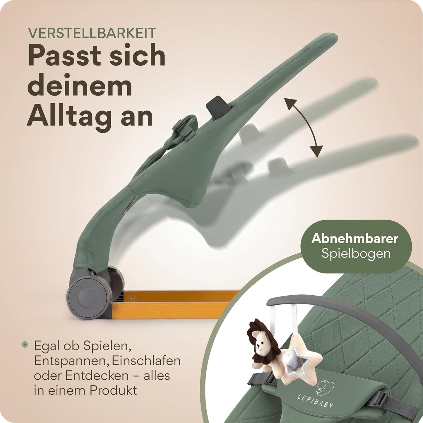 Babywippe Faltbar & Verstellbar mit Spielbogen, Grün