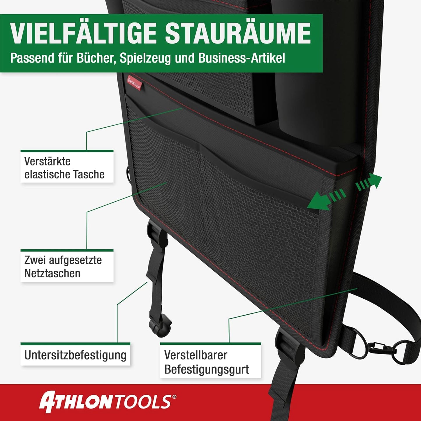Autositz Organizer, Schwarz / Rote Ziernähte