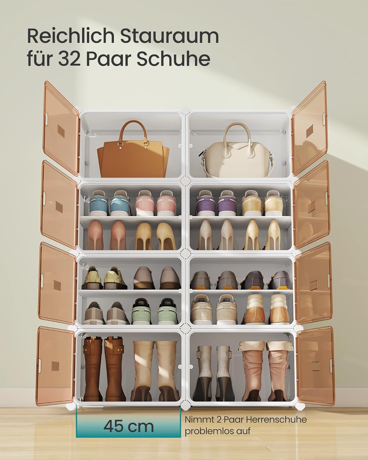Schuhregal mit 8 Fächern, für 32 Paar Schuhe, Wolkenweiss + Transparentes Braun