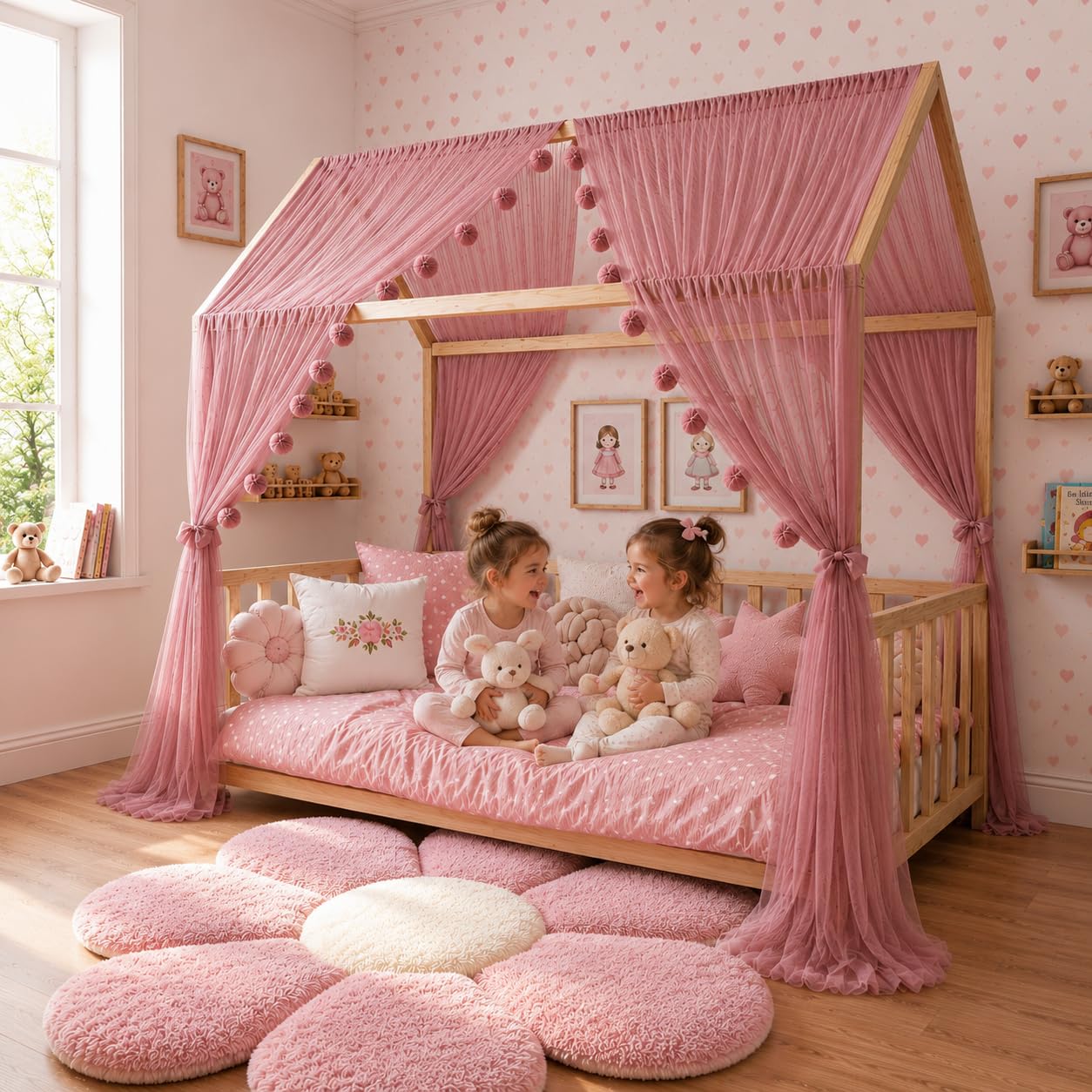 2er-Set Betthimmel für Kinderbett mit Schleifen, Altrosa 380cm, ohne Pompomgirlande