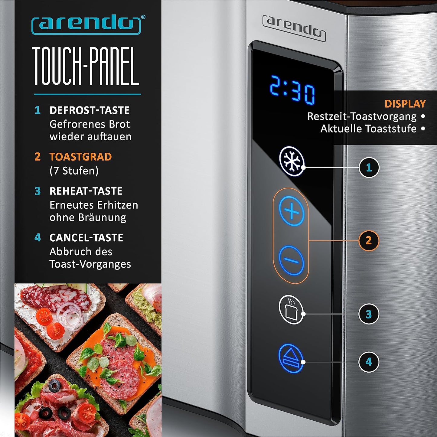 Touch Toaster mit Brötchenaufsatz und Display, B: Silber