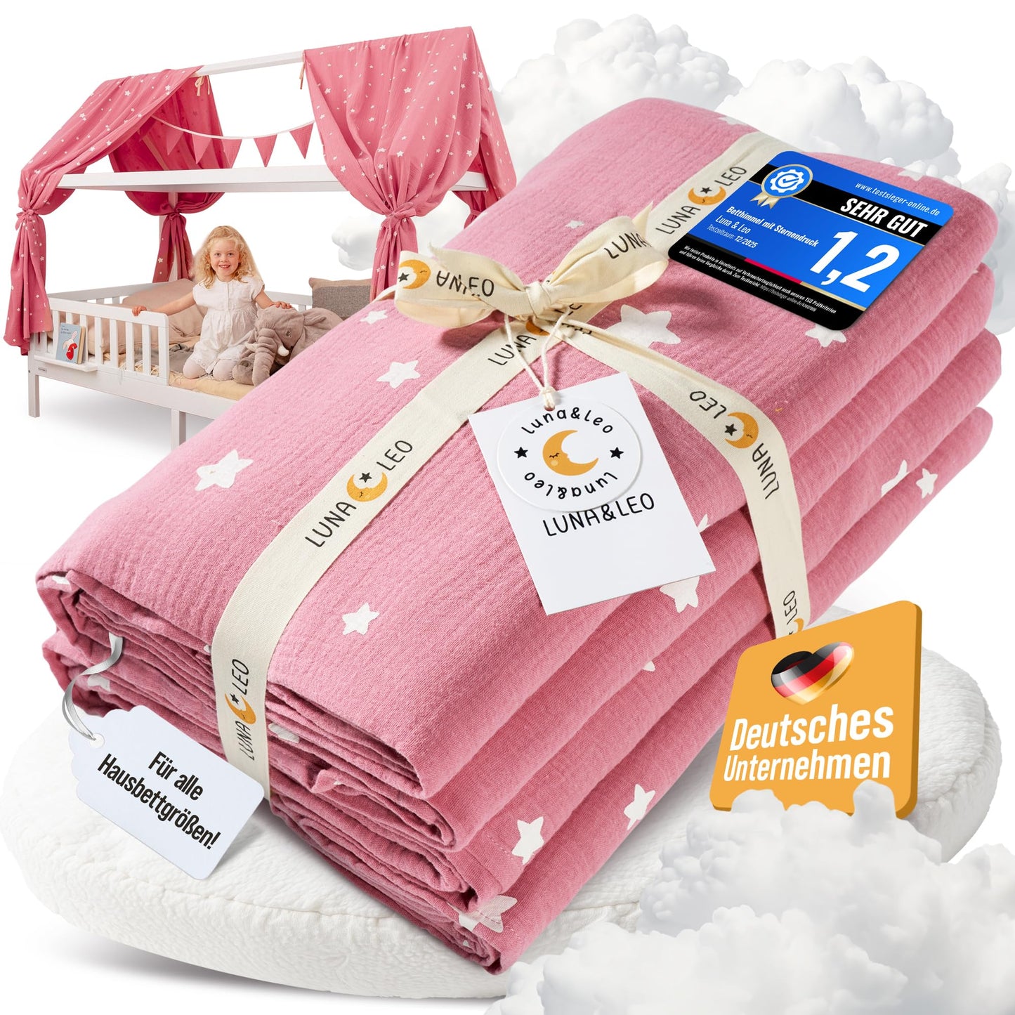 Hausbett-Himmel Set mit Sternendruck, Altrosa Sterne H320 x B130 cm (2er Set)