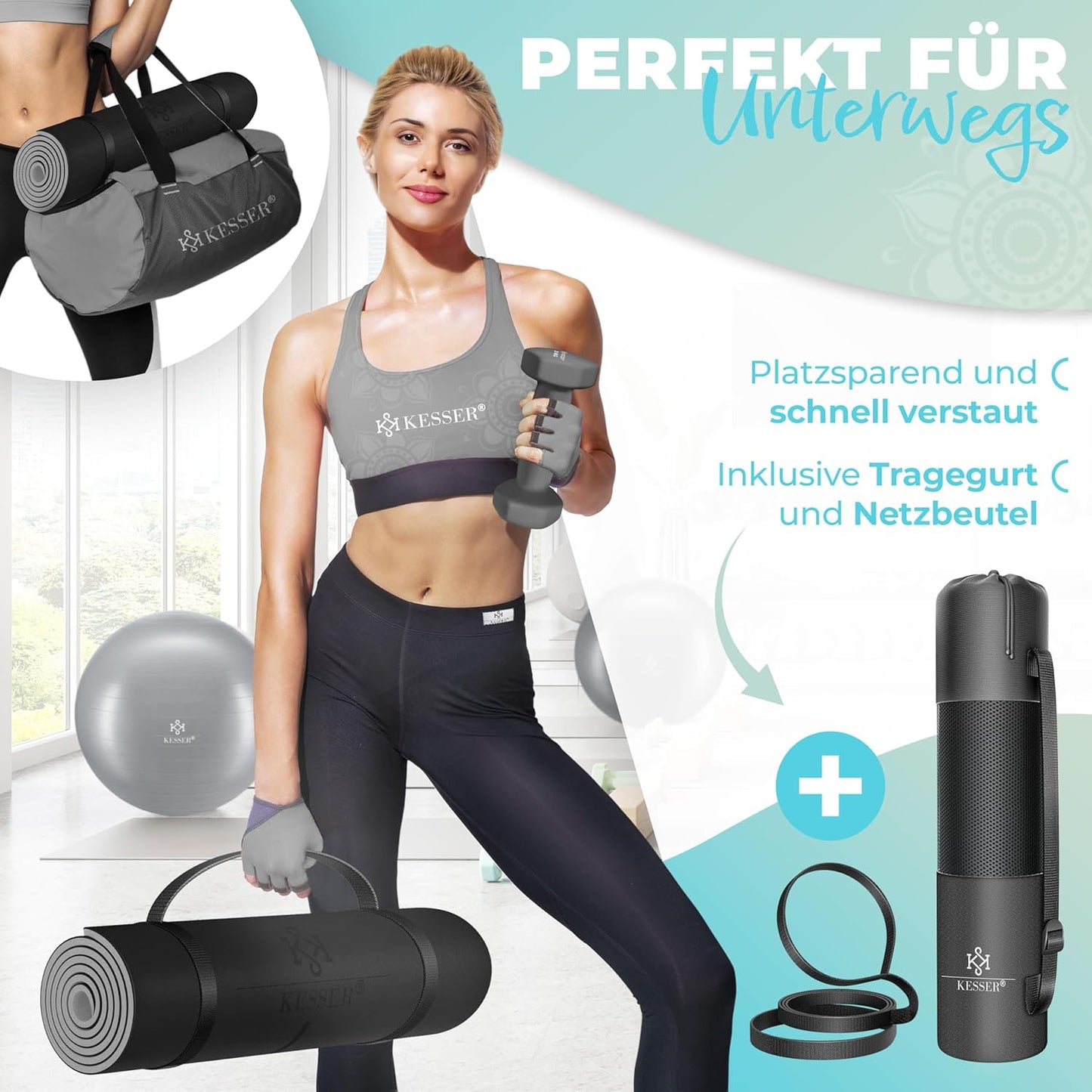 Yogamatte mit Tragegurt, Schwarz