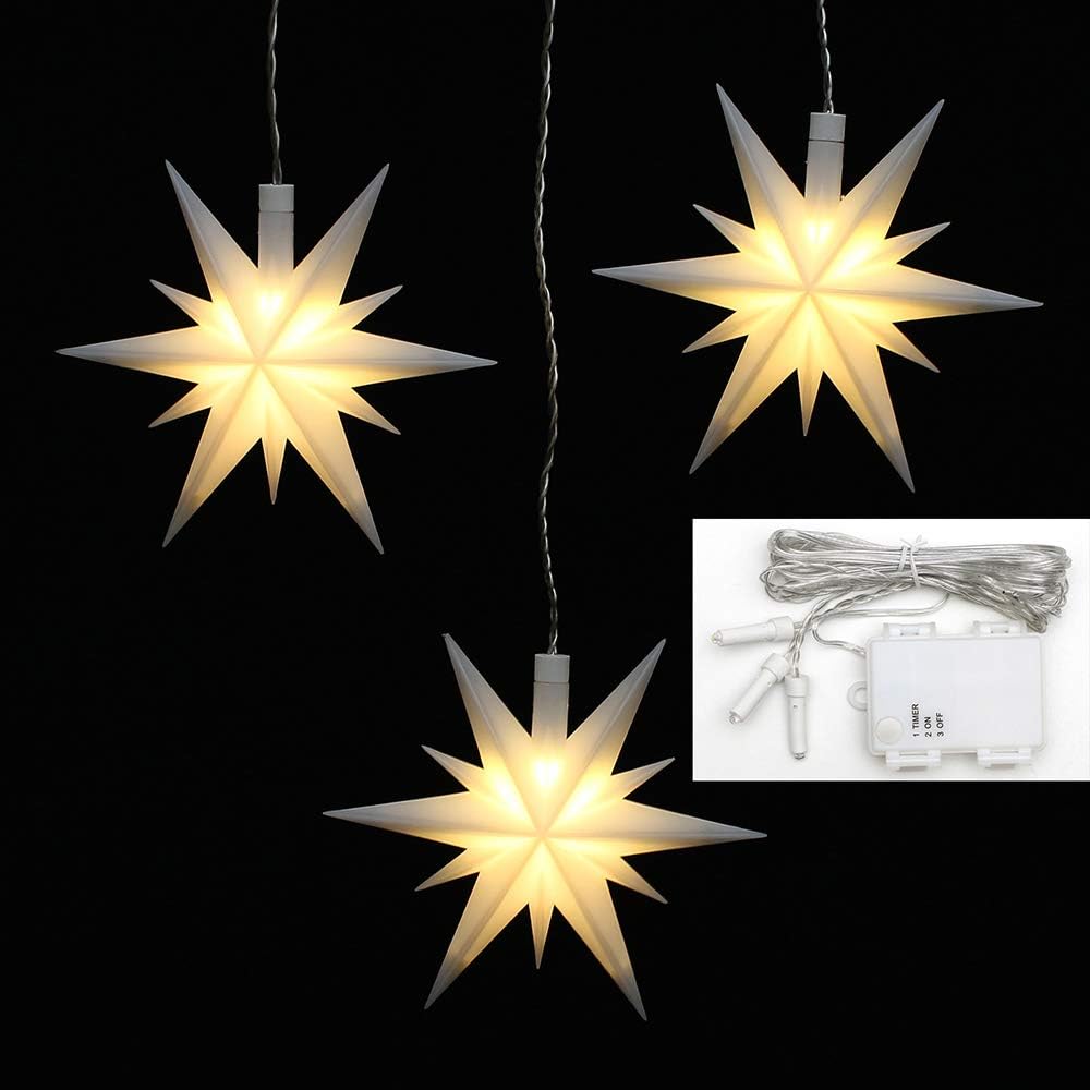 3er-Set Weihnachtssterne mit Timer, Weiss mit Batteriefach
