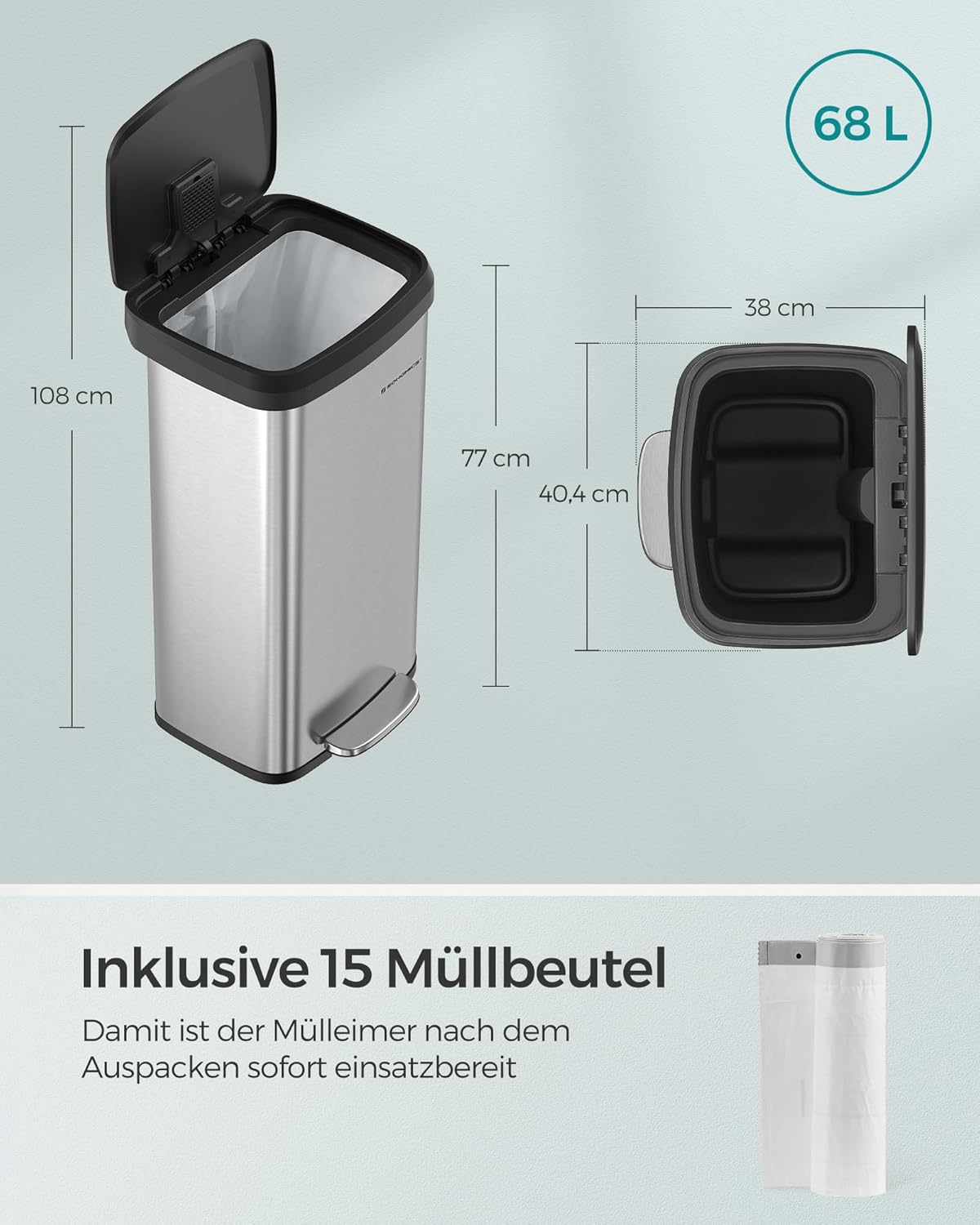 Tretmülleimer Mia mit Deckel, Silbern + Schwarz 68 L