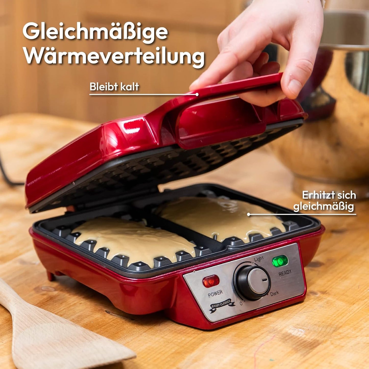 Belgisches Waffeleisen mit verstellbarer Temperatur, Rot
