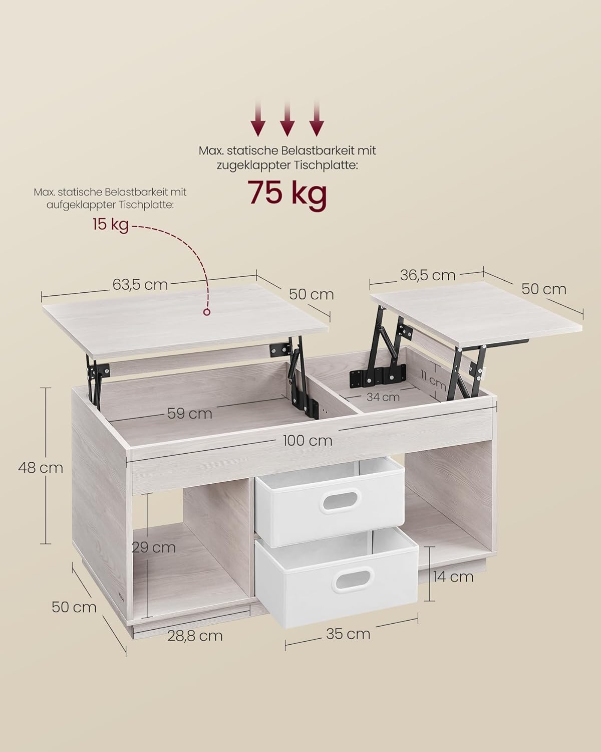Höhenverstellbarer Couchtisch mit Stauraum, Haferflockenbeige