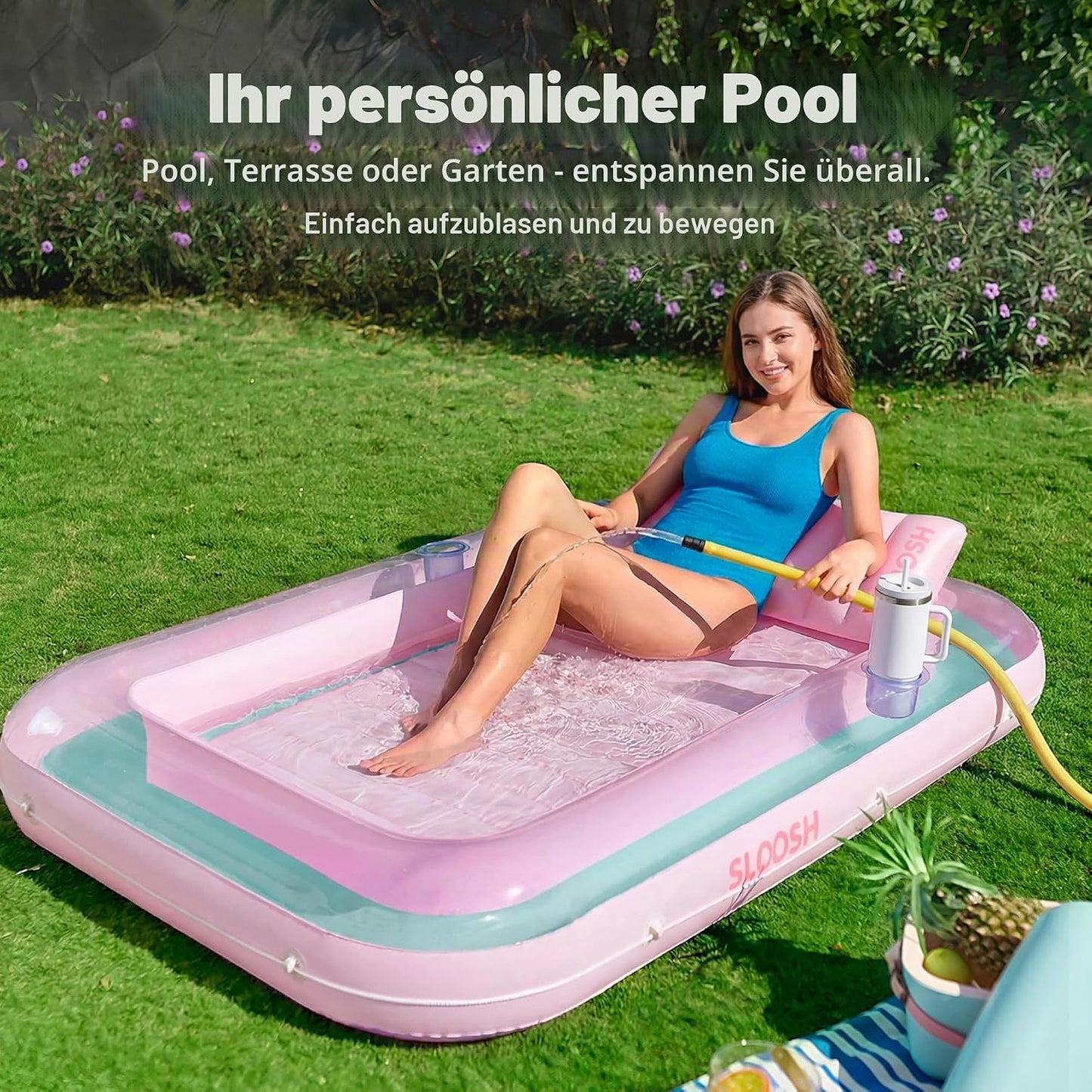 Aufblasbarer Sonnenpool mit abnehmbarem Kissen und Getränkehalter, Cyan-Pink L