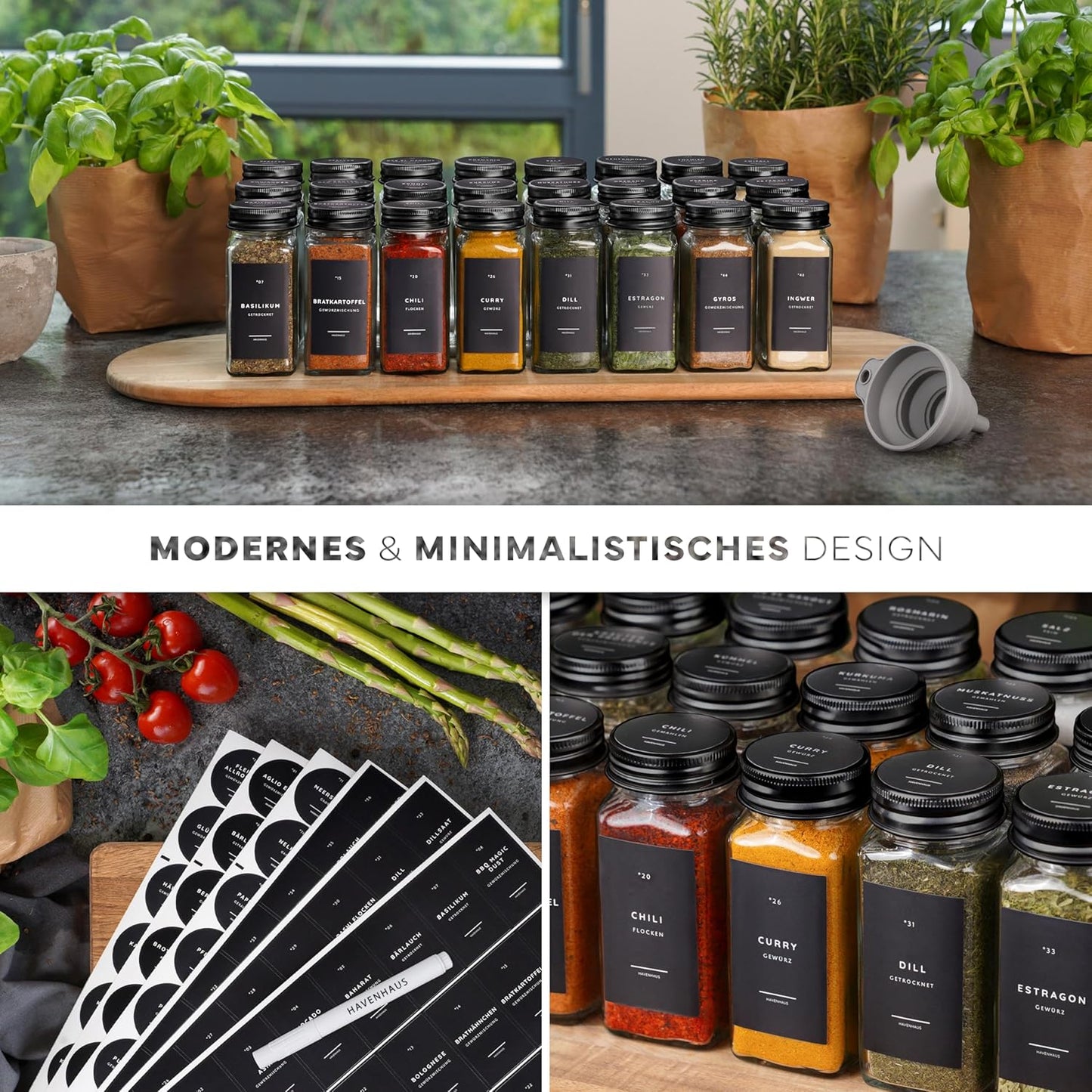 24er Gewürzgläser Set, 24 Gewürzgläser Schwarz