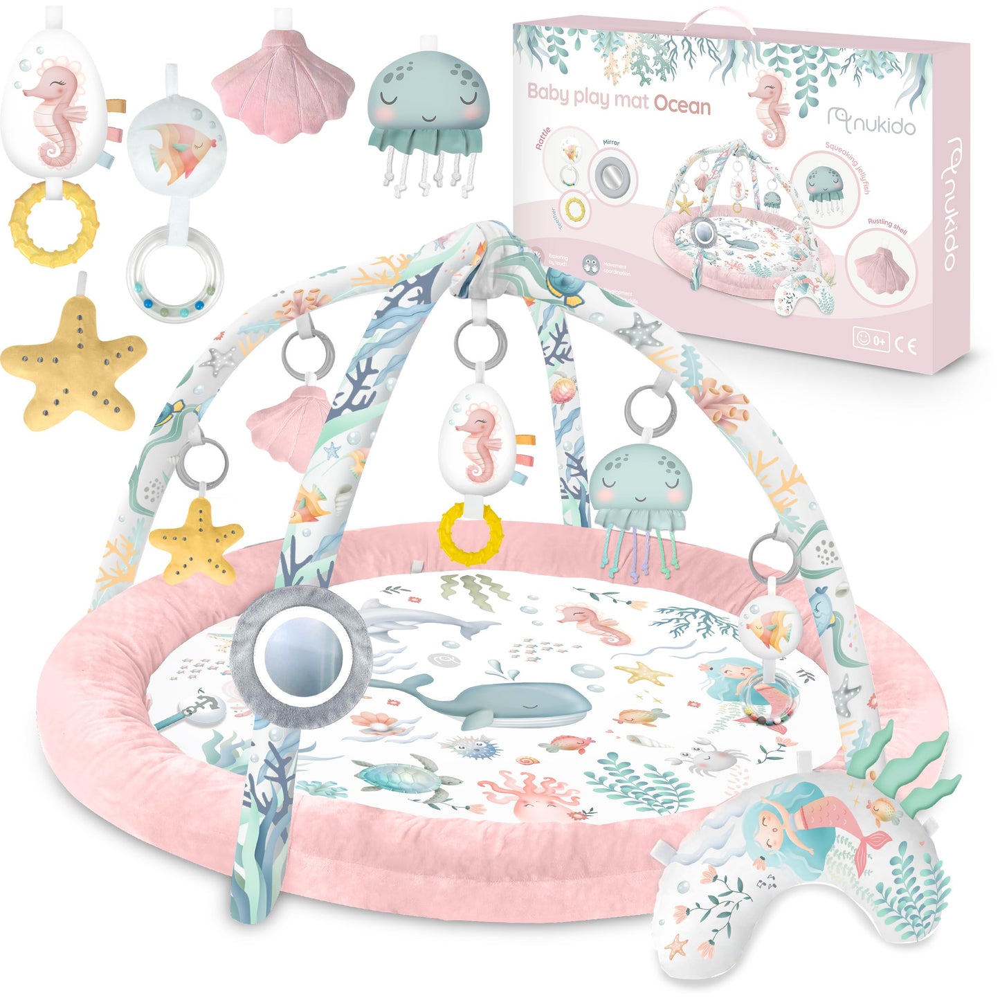 Baby Spieldecke mit Spielbogen und 7 Spielzeugen, Rosa - 56 Cm