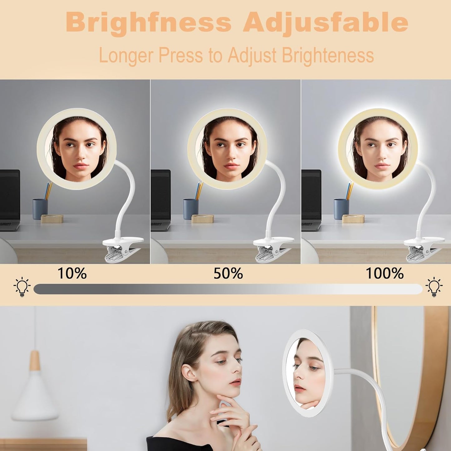 Kosmetikspiegel T03 mit LED & Schwanenhals, USB-ladbar