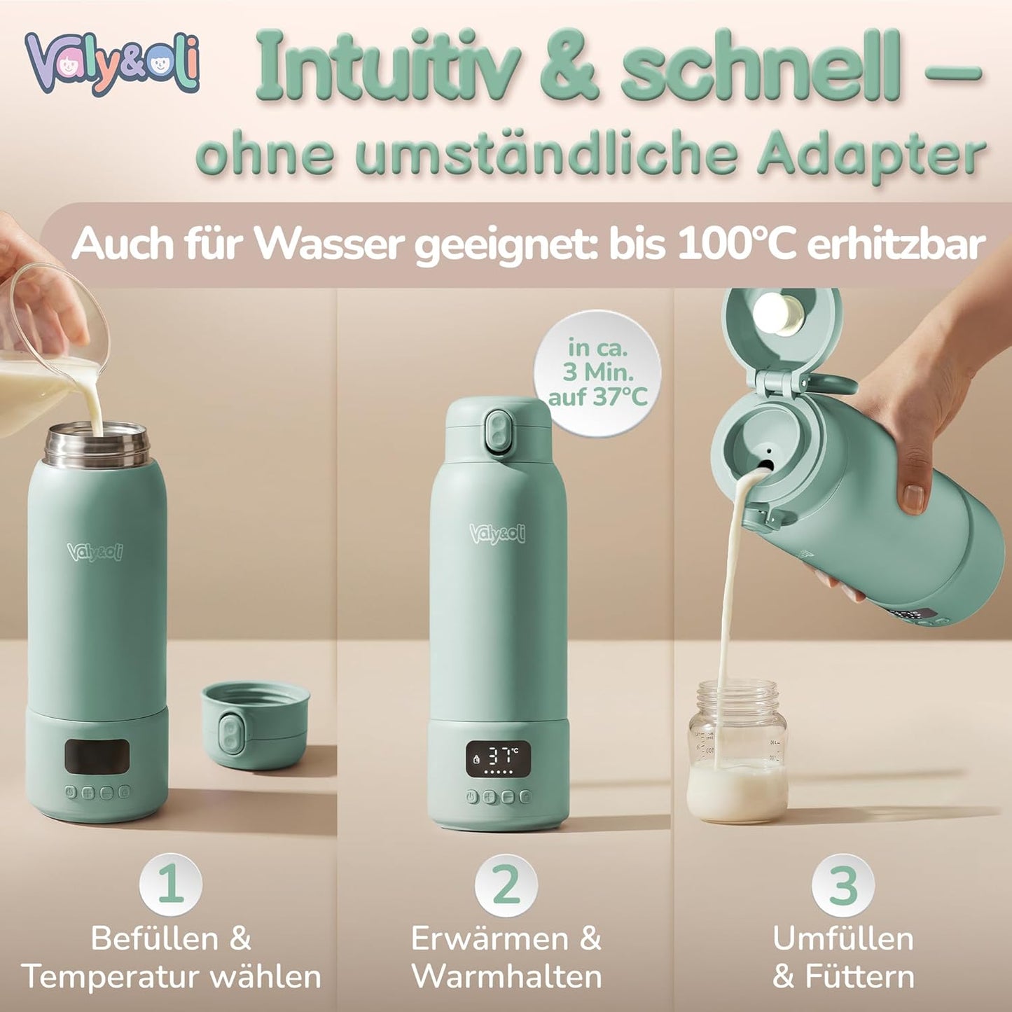 Tragbarer Babyflaschenwärmer mit Akku, Salbei-Grün