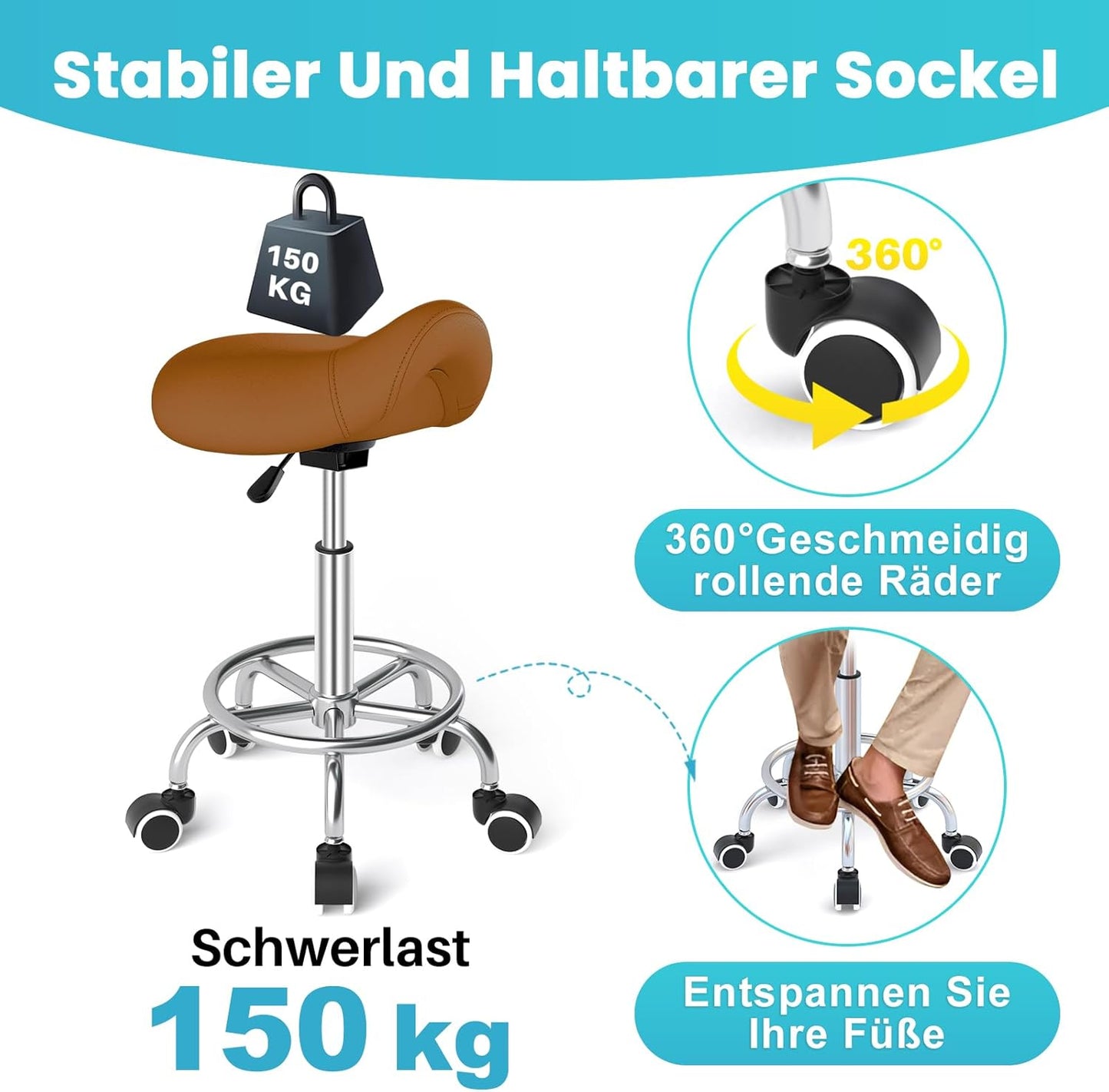 Ergonomischer Sattelhocker mit Rollen und Ringpedal, Braun