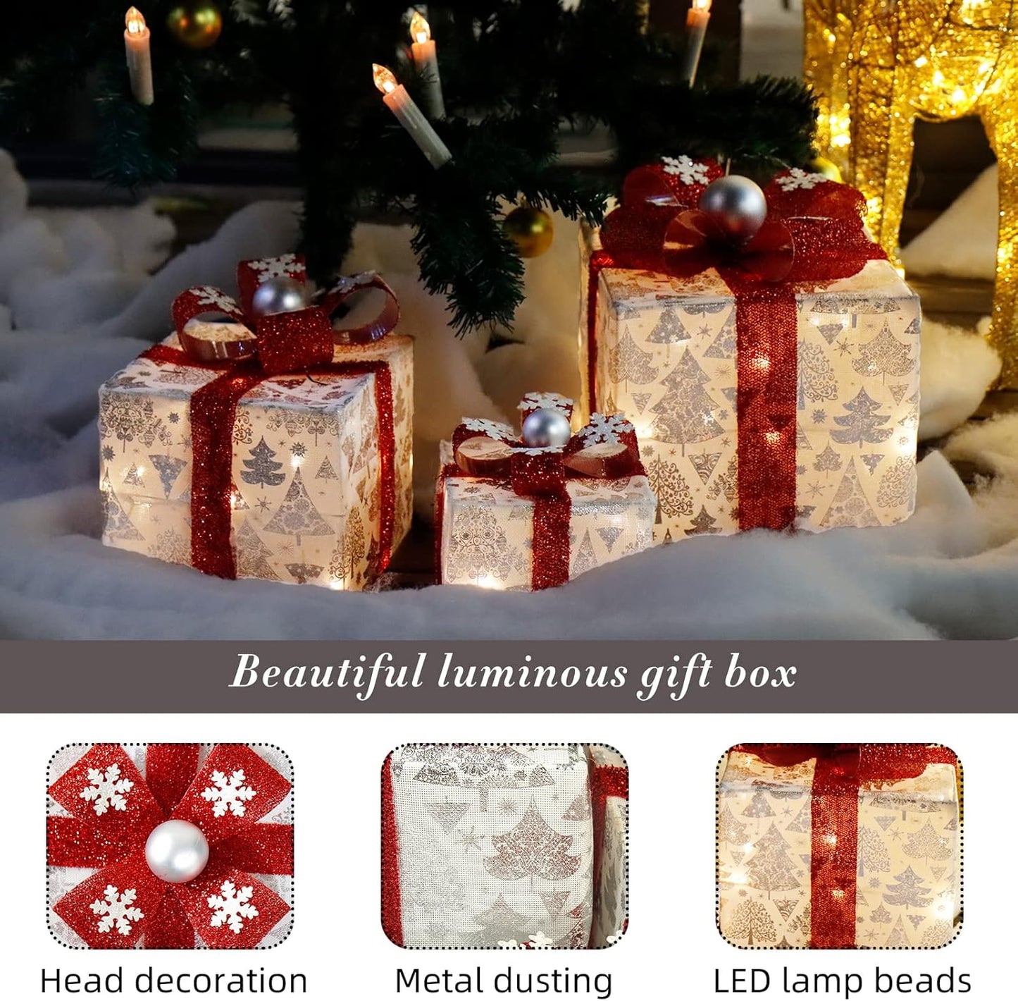 3er LED Geschenkbox Set mit Lichterkette, 009 Weiss mit Weihnahchtsbaum - Netzstecker