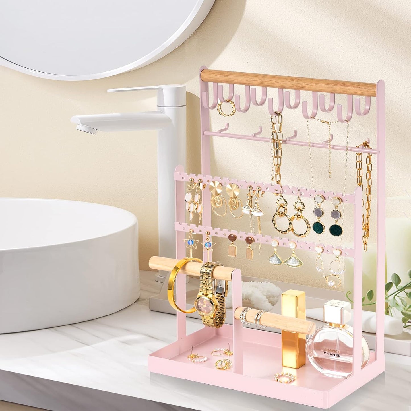 Schmuckständer mit 15 Haken & 40 Löchern, Rosa