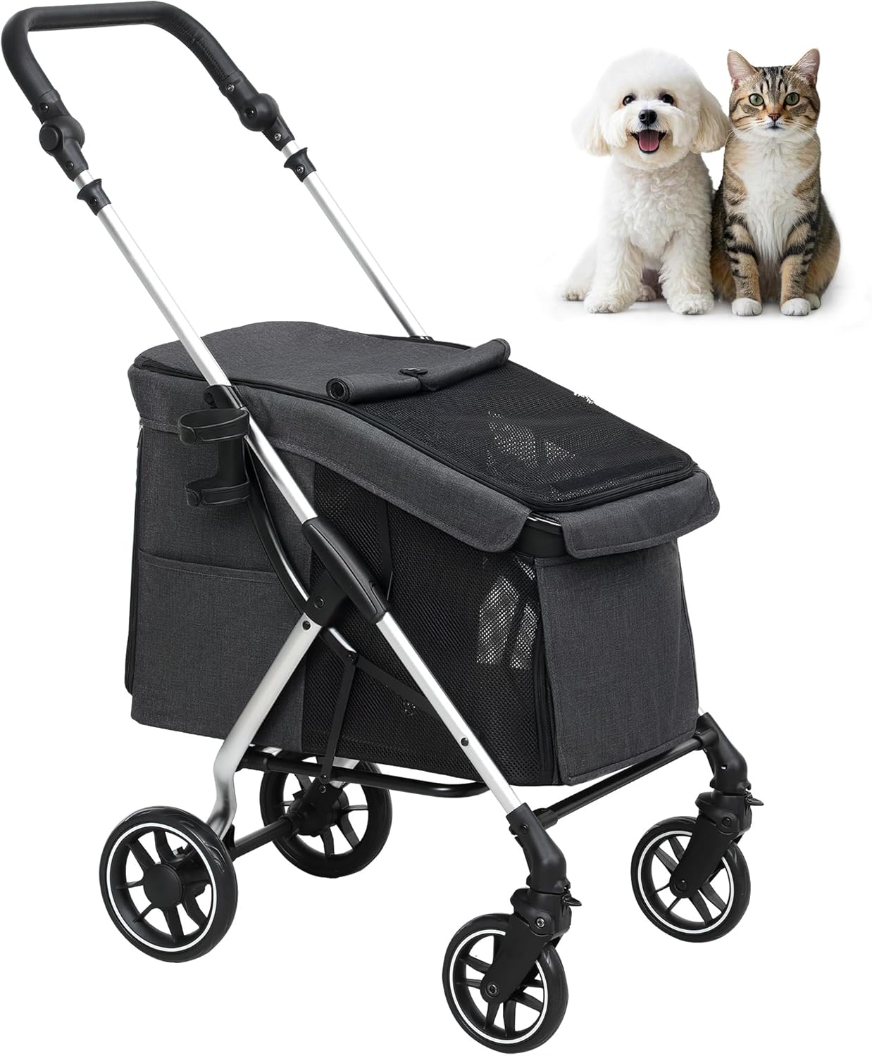 Klappbarer Hundewagen mit Kissen und Netzfenstern, Grau One Size