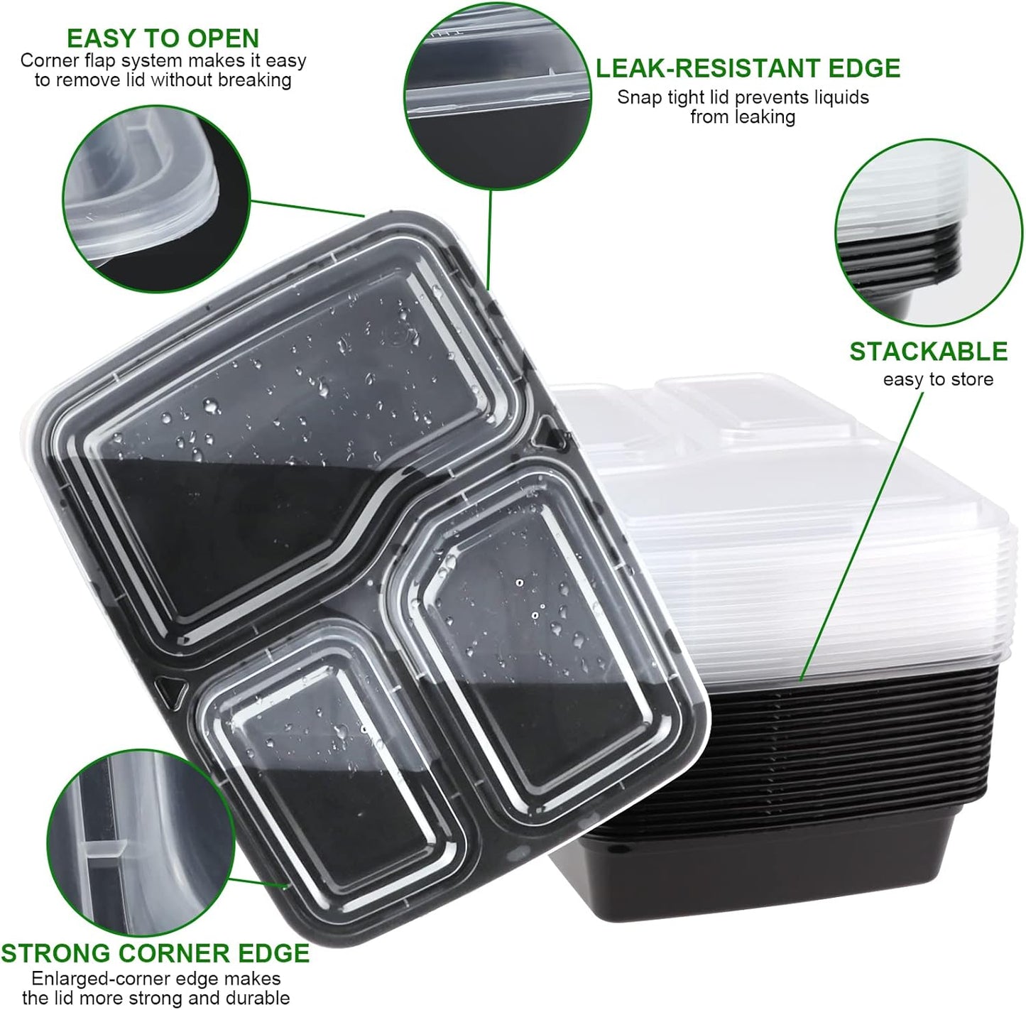 Meal Prep Container-Set, 3 Compartment 10 Pack