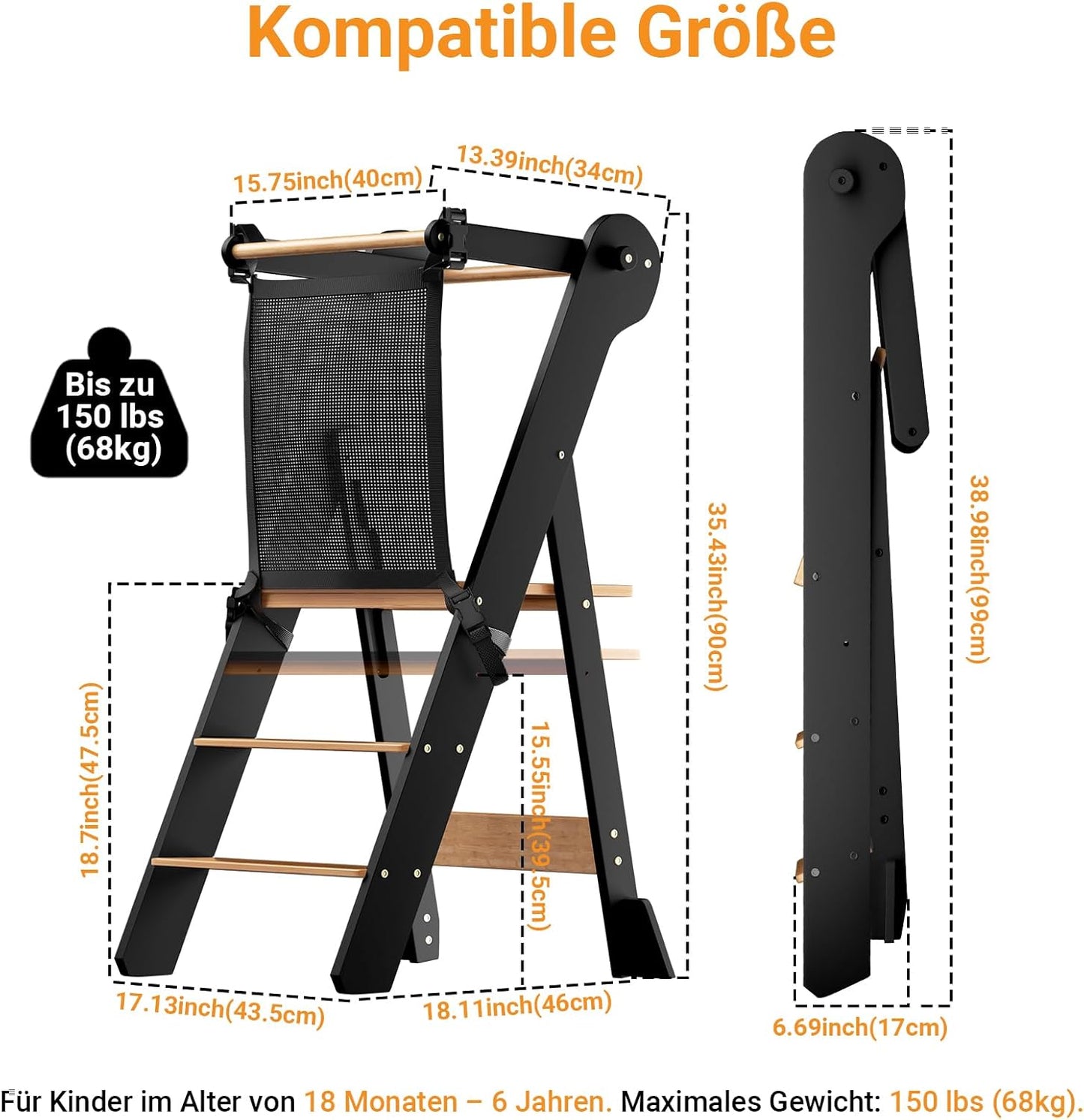 Klappbarer Lernturm, Schwarz mit Naturholz