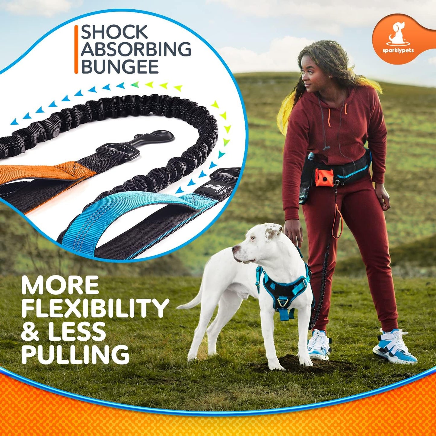2 in 1 Joggingleine für Hunde mit Doppelgriff, Stossdämpfer und Bauchgurt, Hochwertiges Aktivset Orange Für ein Hund