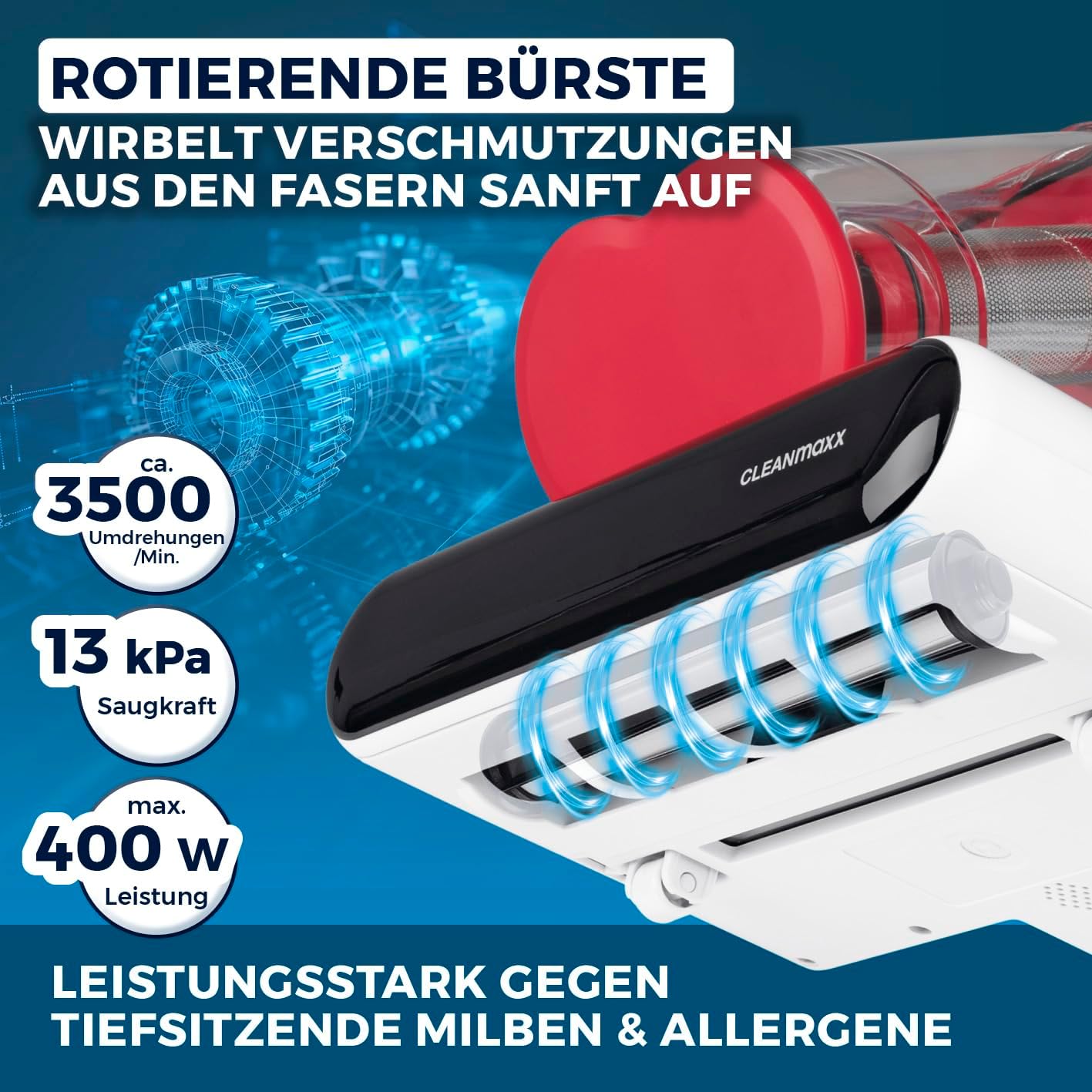 Milbensauger mit UV-C & HEPA-Filter für Matratzen, Rotation Power 13kPa Rot
