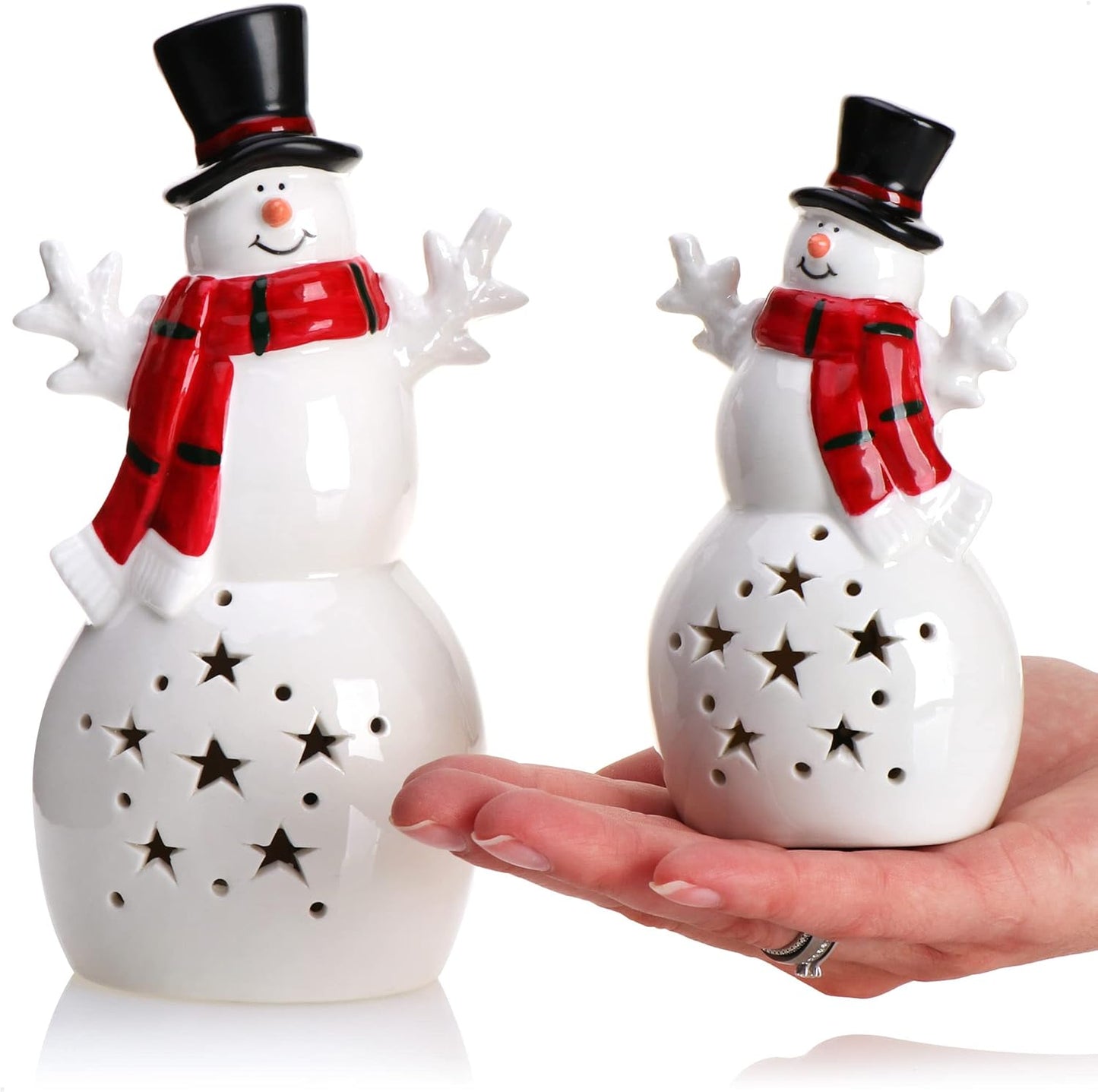 2er-Set LED-Schneemann-Leuchtfiguren, 02 Stück - Keramik Schneemann - Timer