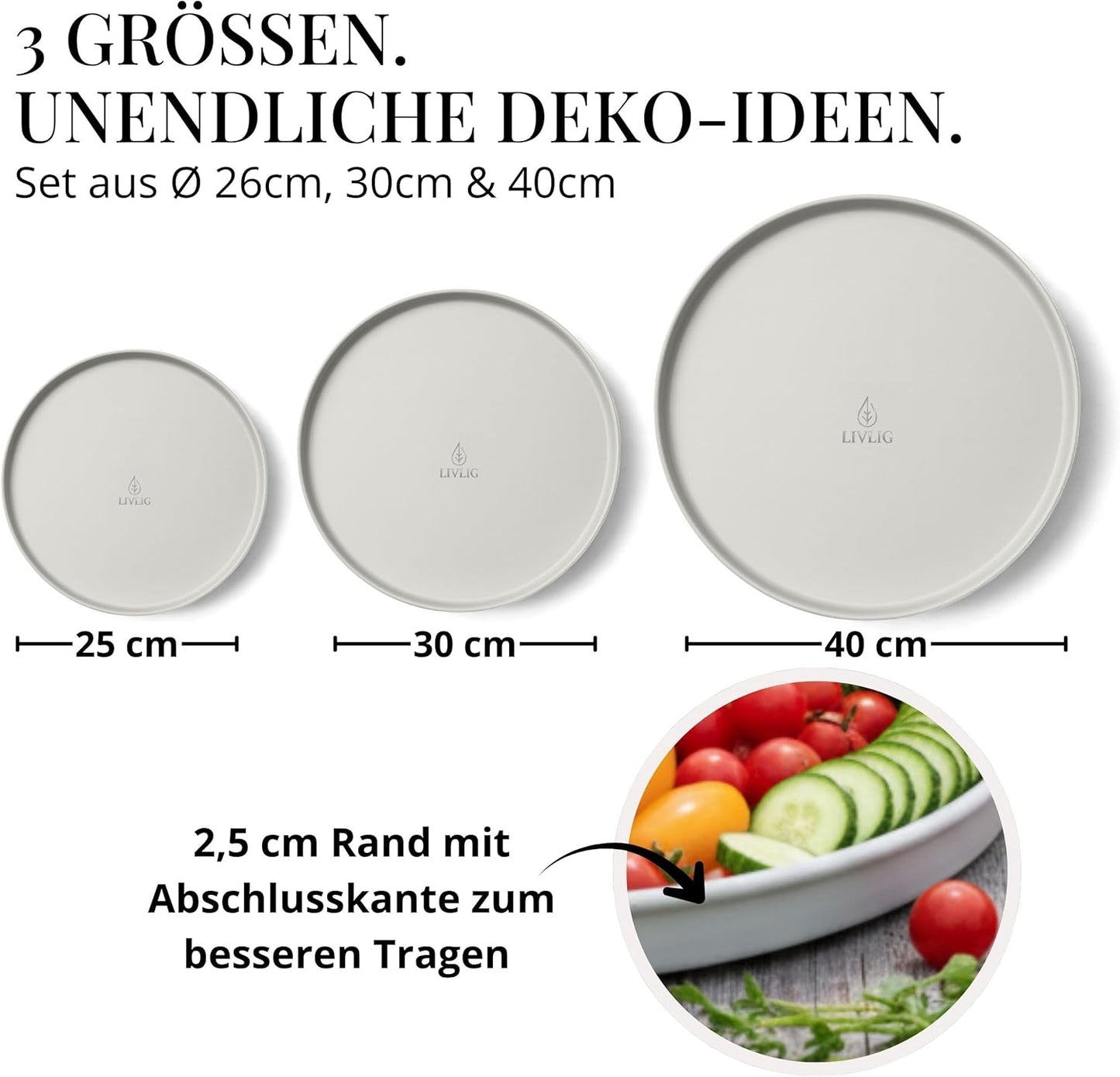 Rundes Deko-Tablett-Set (3 Stück) für ganzjährige Dekoration, Greige