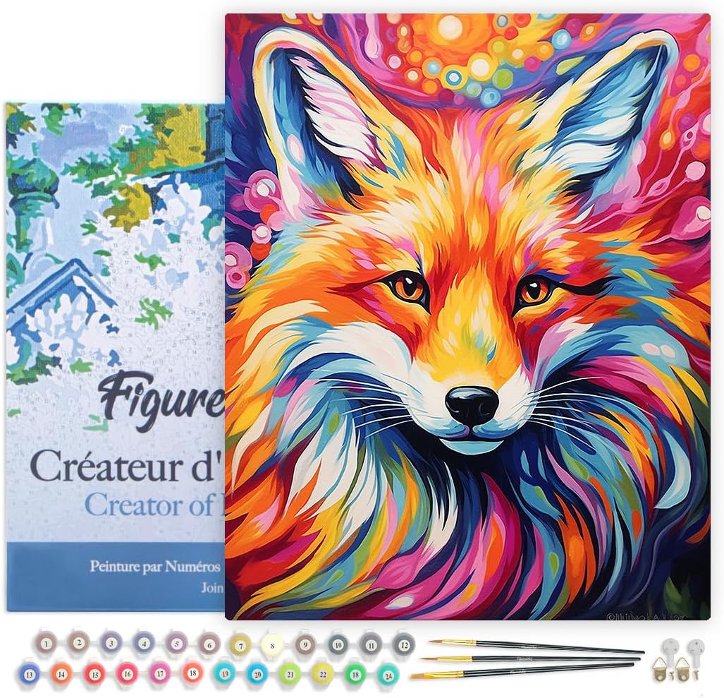 Malen Nach Zahlen Set mit Rahmen, Fuchs Farbenfroh Abstrakt 40x50cm Mit Rahmen (bereits gespannt)