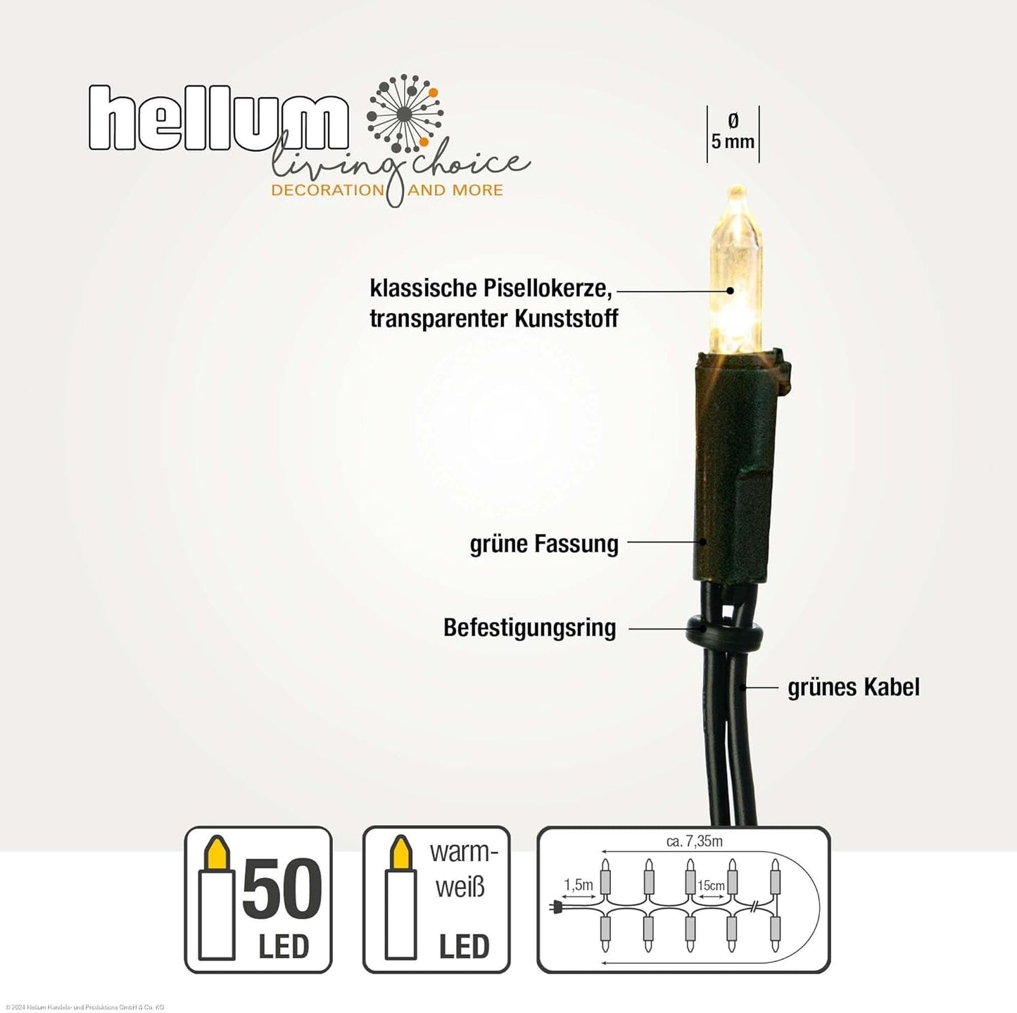 LED-Lichterkette für Weihnachtsbaum, Warmweiss / Kabel Grün / Mini Pisello 50 LED / 7,35m beleuchtet