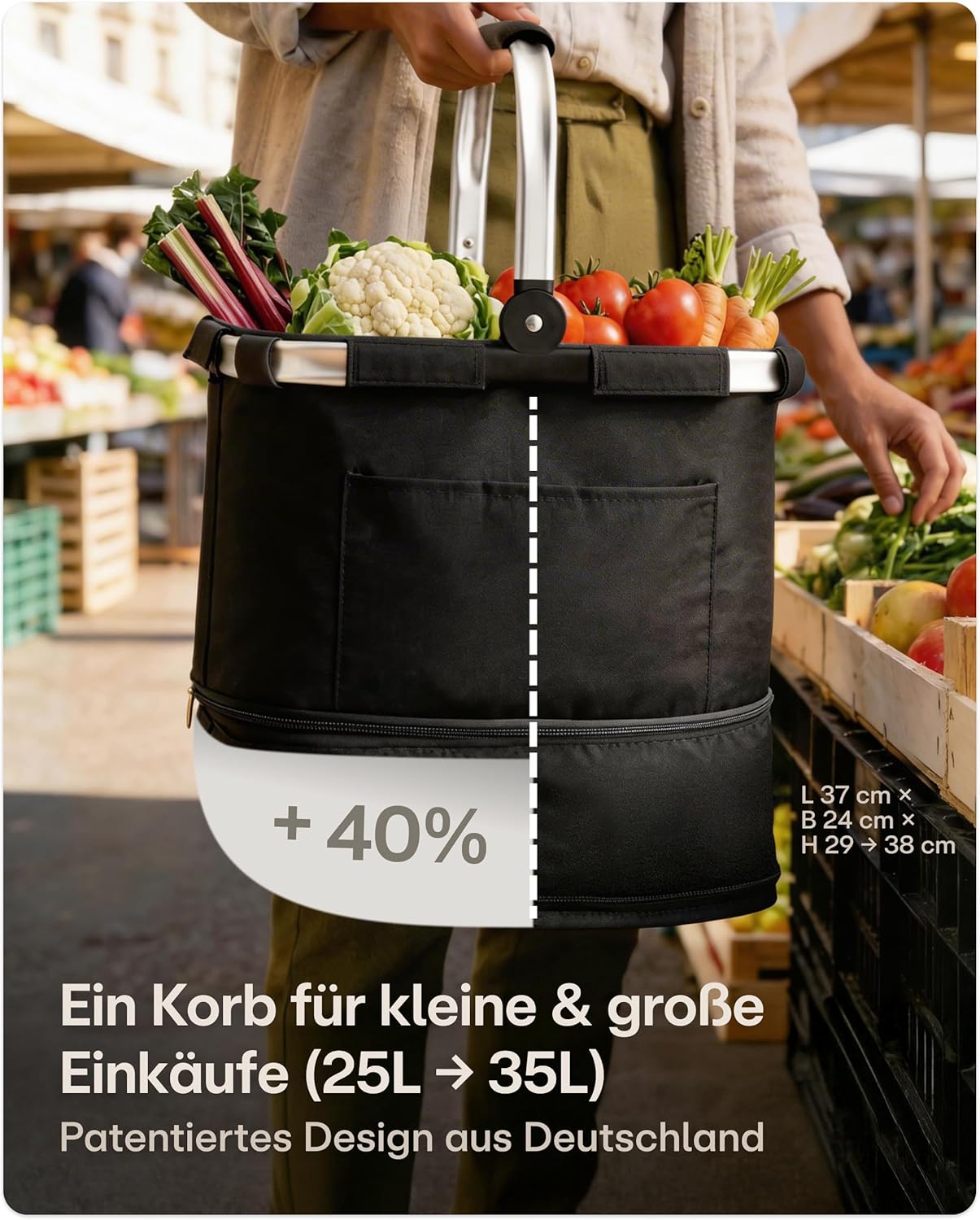 Faltbarer Einkaufskorb, Schwarz L